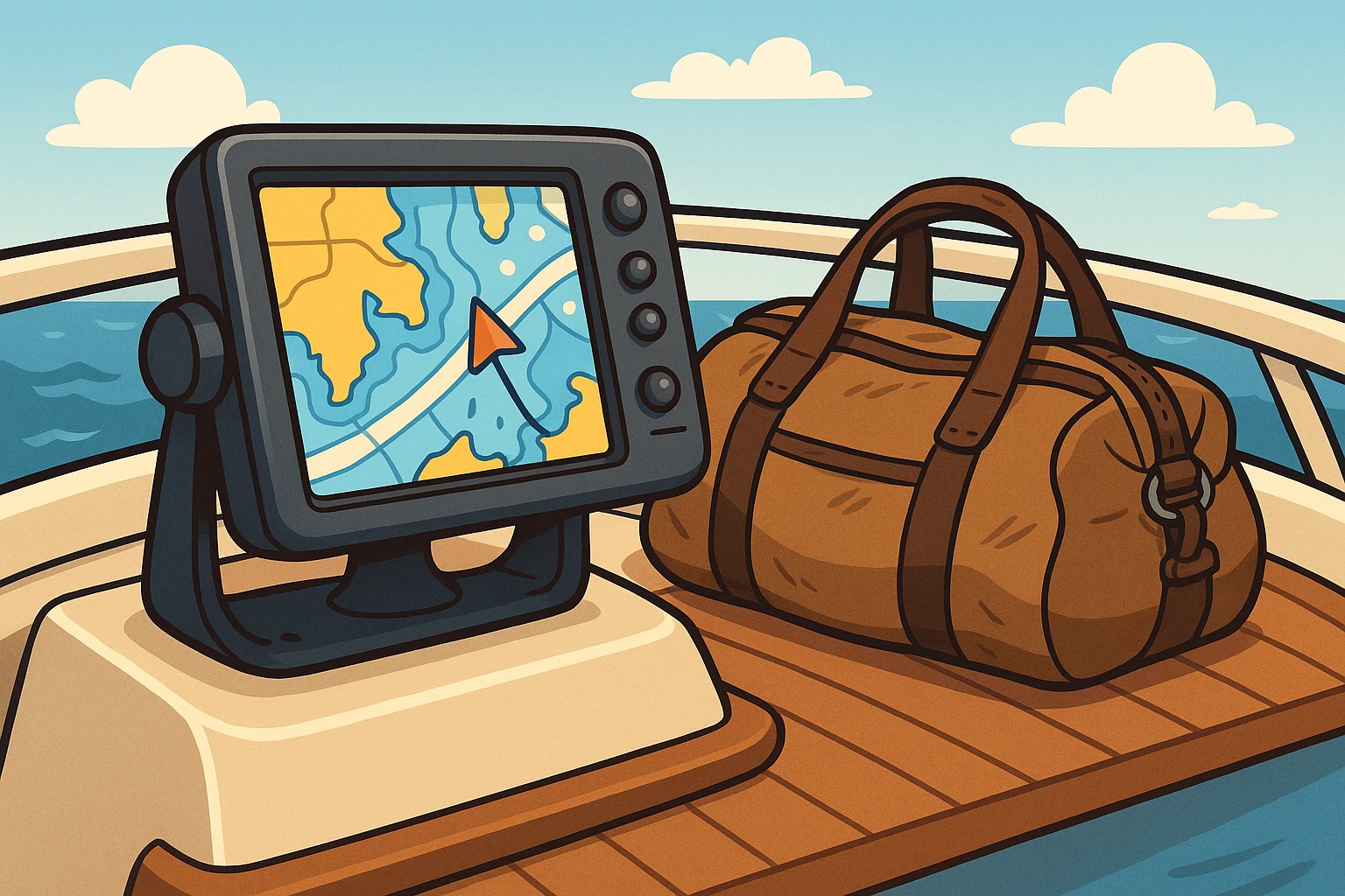 A sleek marine navigation system from The GPS Store, Inc. mounted on a boat's dashboard, its luminous screen displaying a detailed maritime chart, accompanied by a rugged Atticus Goods canvas duffel bag resting on the deck, suggesting adventure-ready gear.