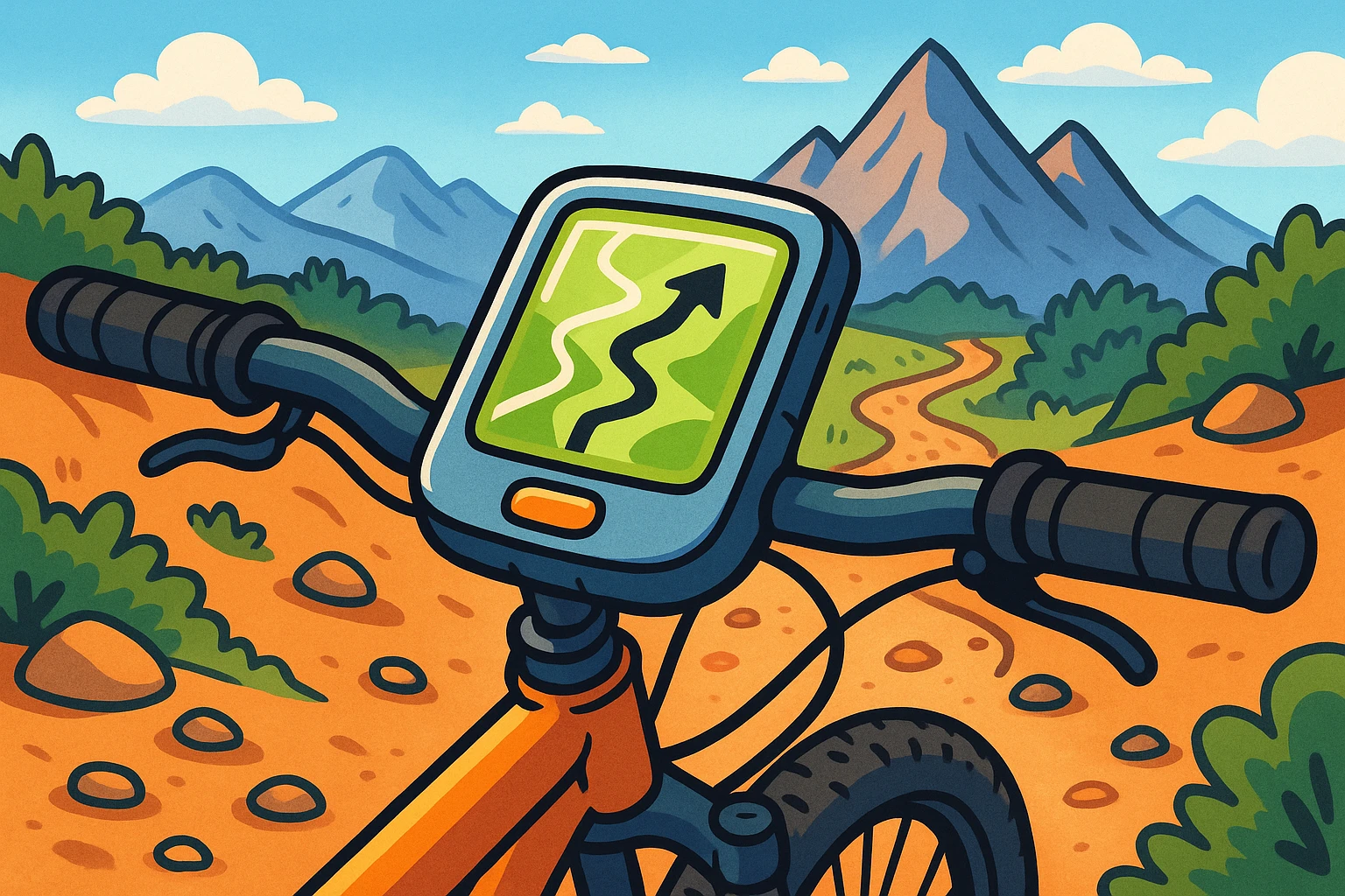 A sleek GPS device mounted on a mountain bike handlebar, illustrating an adventurous trail setting with rugged terrain and distant peaks in the background.