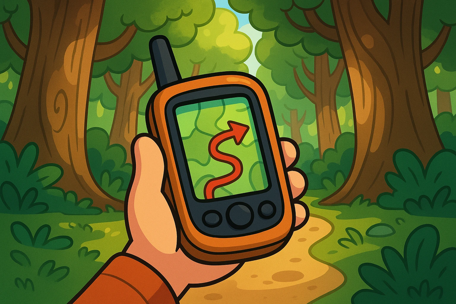 A close-up of a hand holding a portable GPS device on a dense forest trail, surrounded by towering trees and dappled sunlight filtering through the canopy.
