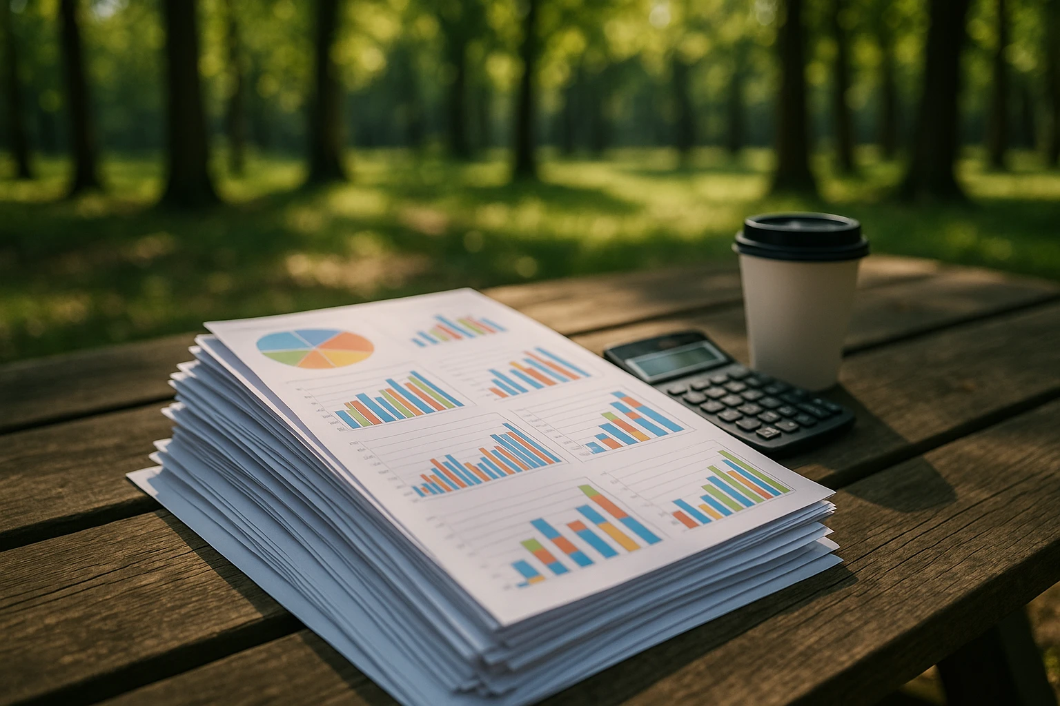 Stacks of colorful financial reports and graphs under the sun on a picnic table, surrounded by trees, with a calculator and a coffee cup beside them.