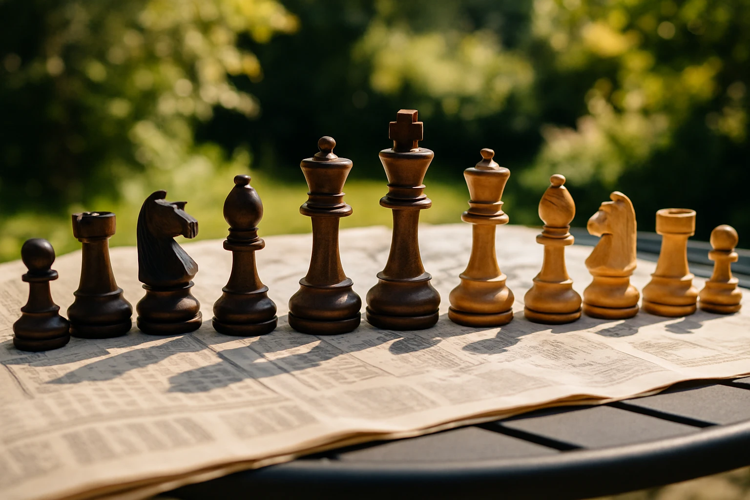 A row of chess pieces on a financial newspaper spread across a patio table with a sun-dappled garden in the background, symbolizing strategic financial planning.