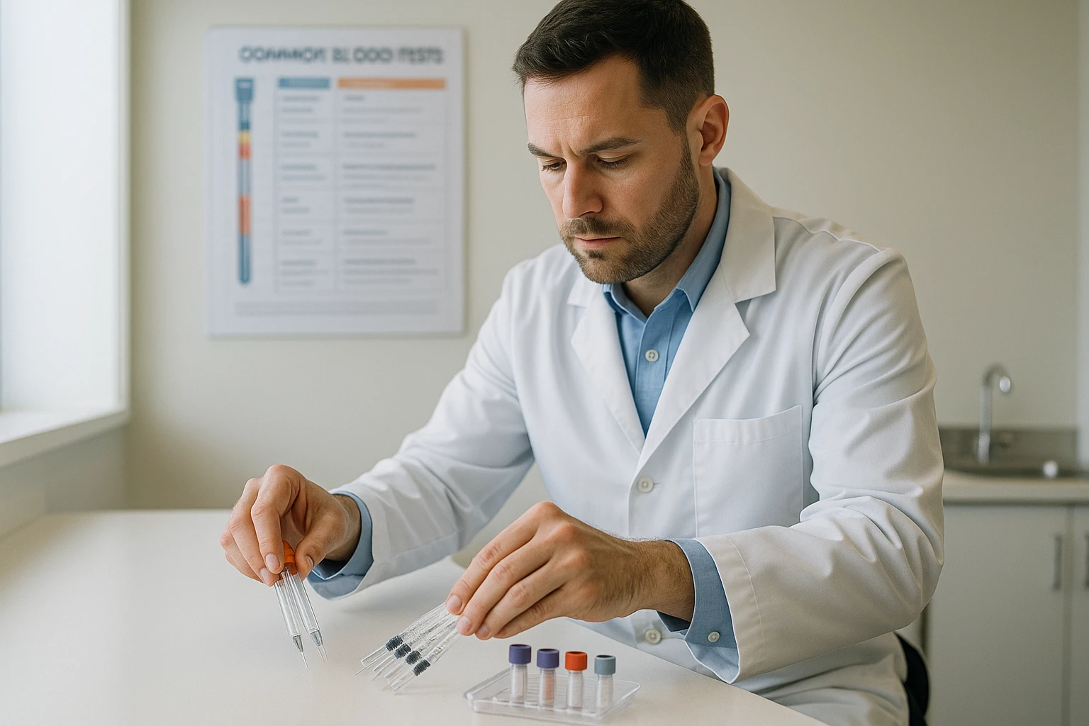 A healthcare professional in a lab coat organizing syringes and vials in a well-lit clinic room, with a poster on the wall detailing common blood tests and their purposes.