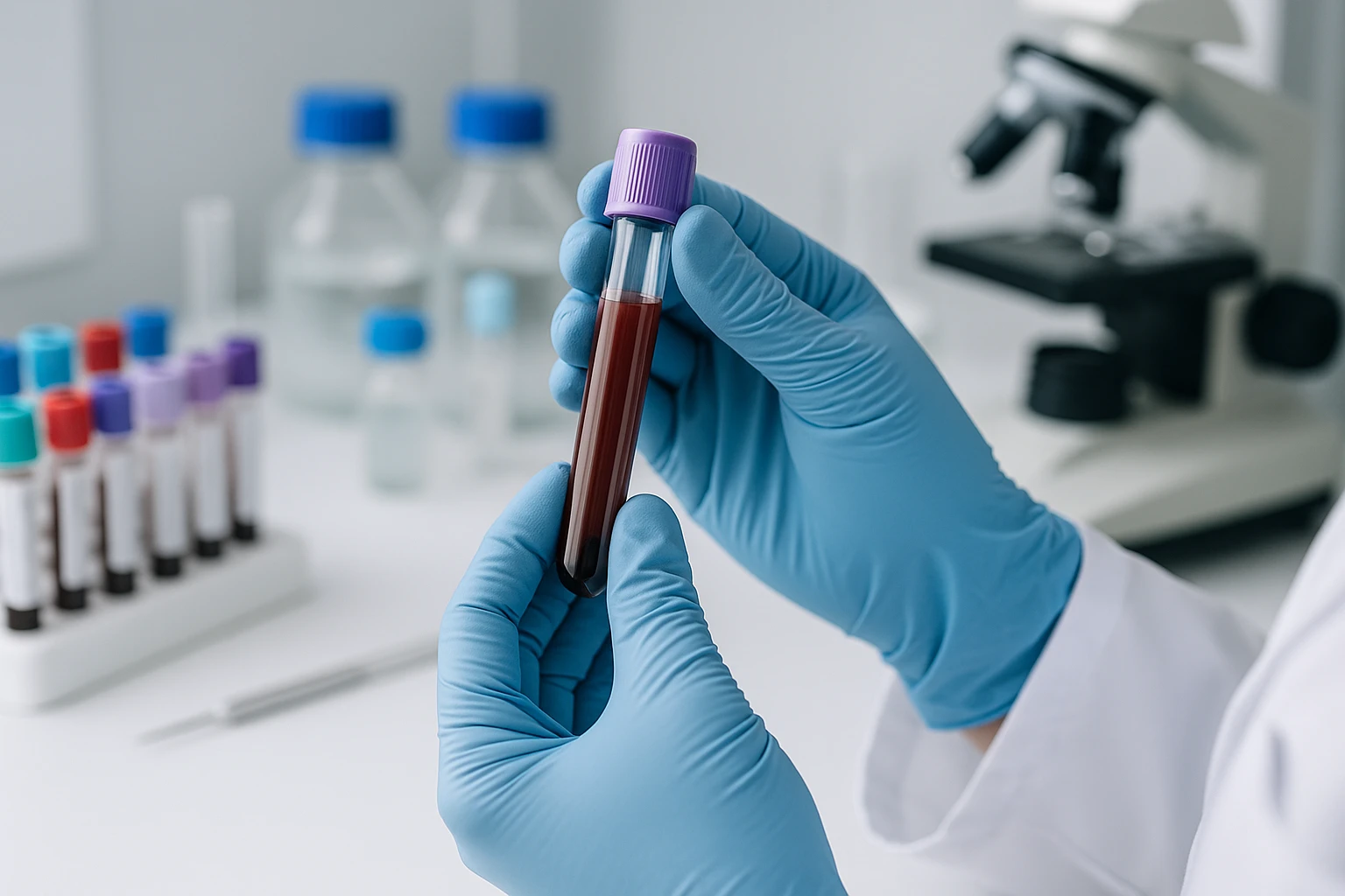 A close-up of a lab technician's gloved hands holding a test tube filled with blood samples against a backdrop of various labeled vials and medical equipment in a sterile laboratory setting.
