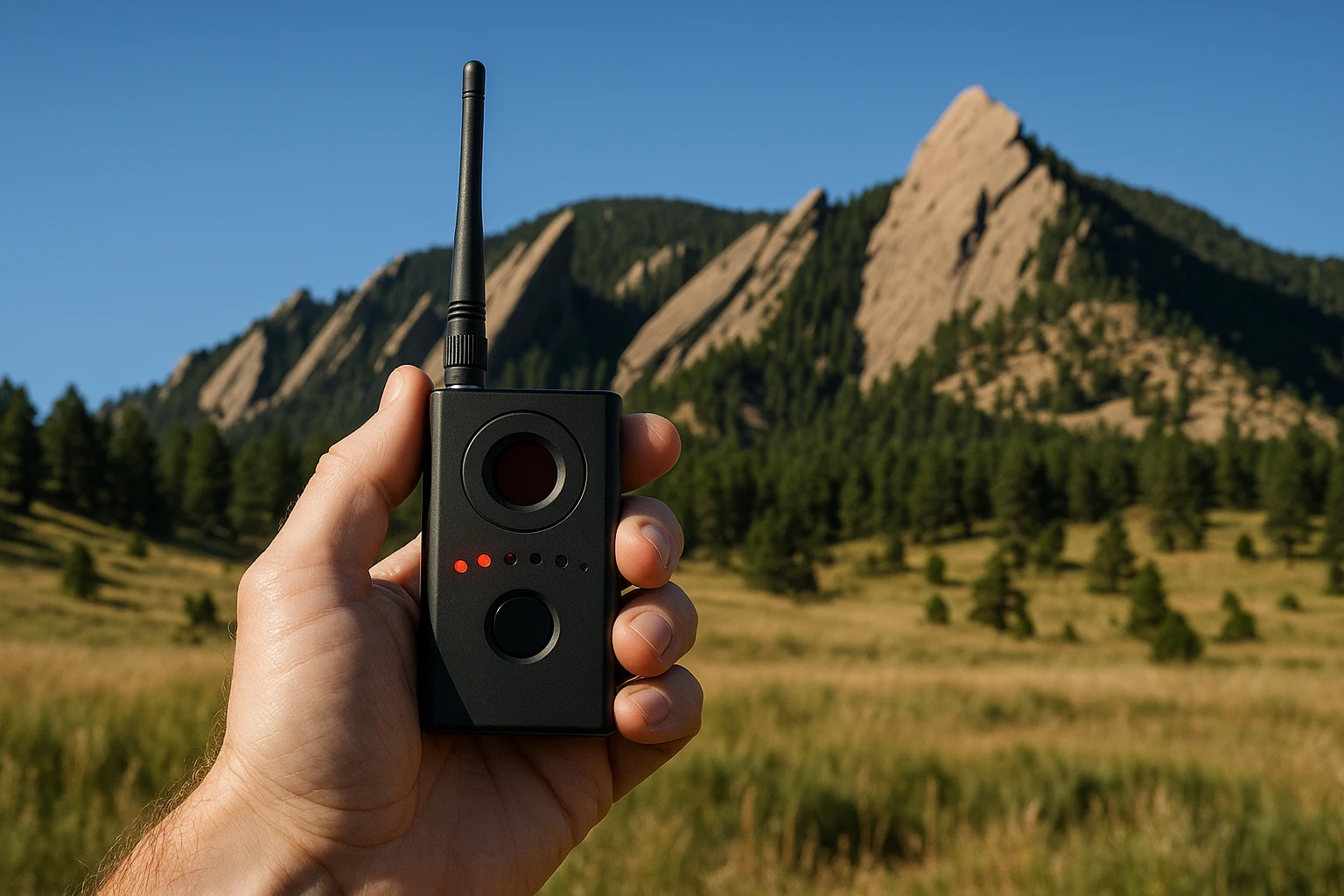 A hand carefully holding a small electronic bug detector tool against the backdrop of the Flatirons in Boulder, Colorado, with a clear blue sky highlighting the contrast between nature and technology.