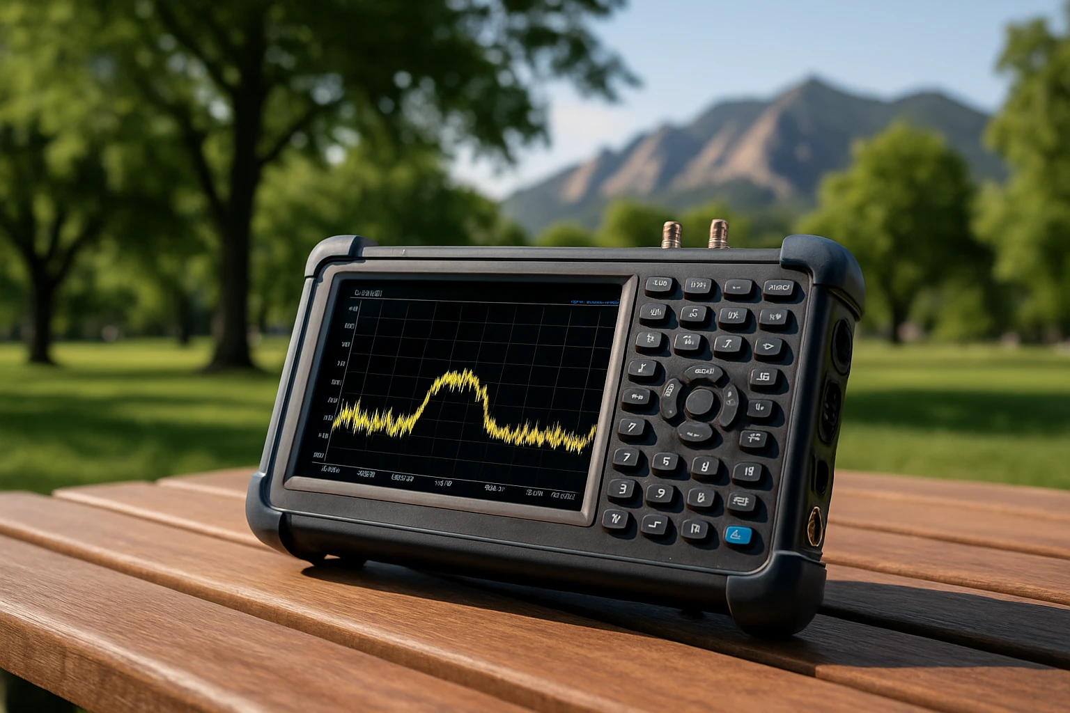 A close-up shot of a frequency spectrum analyzer on a park bench in Boulder, Colorado, with lush green trees and distant mountains in the background, illustrating the blend of advanced technology and serene outdoor environments.