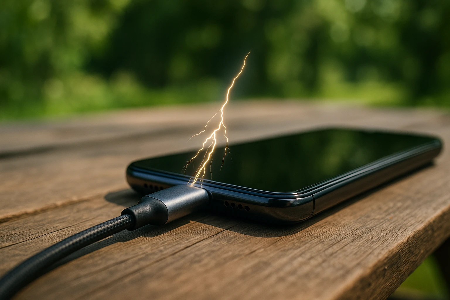 A close-up shot of a sleek USB-C fast-charging cable plugged into a modern smartphone, with visible power lines suggesting energy transfer, set outdoors on a wooden picnic table amidst greenery, capturing the blend of technology with a natural environment.