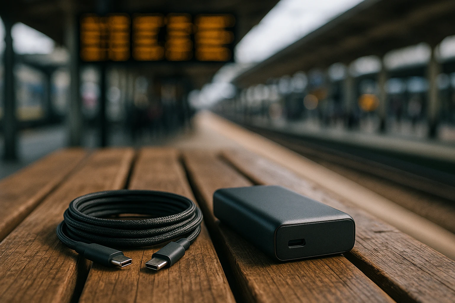 A fast-charging USB-C cable coiled neatly beside a portable power bank on a rustic wooden bench at a bustling train station, with a departure board blurred in the background capturing a sense of travel and efficiency.