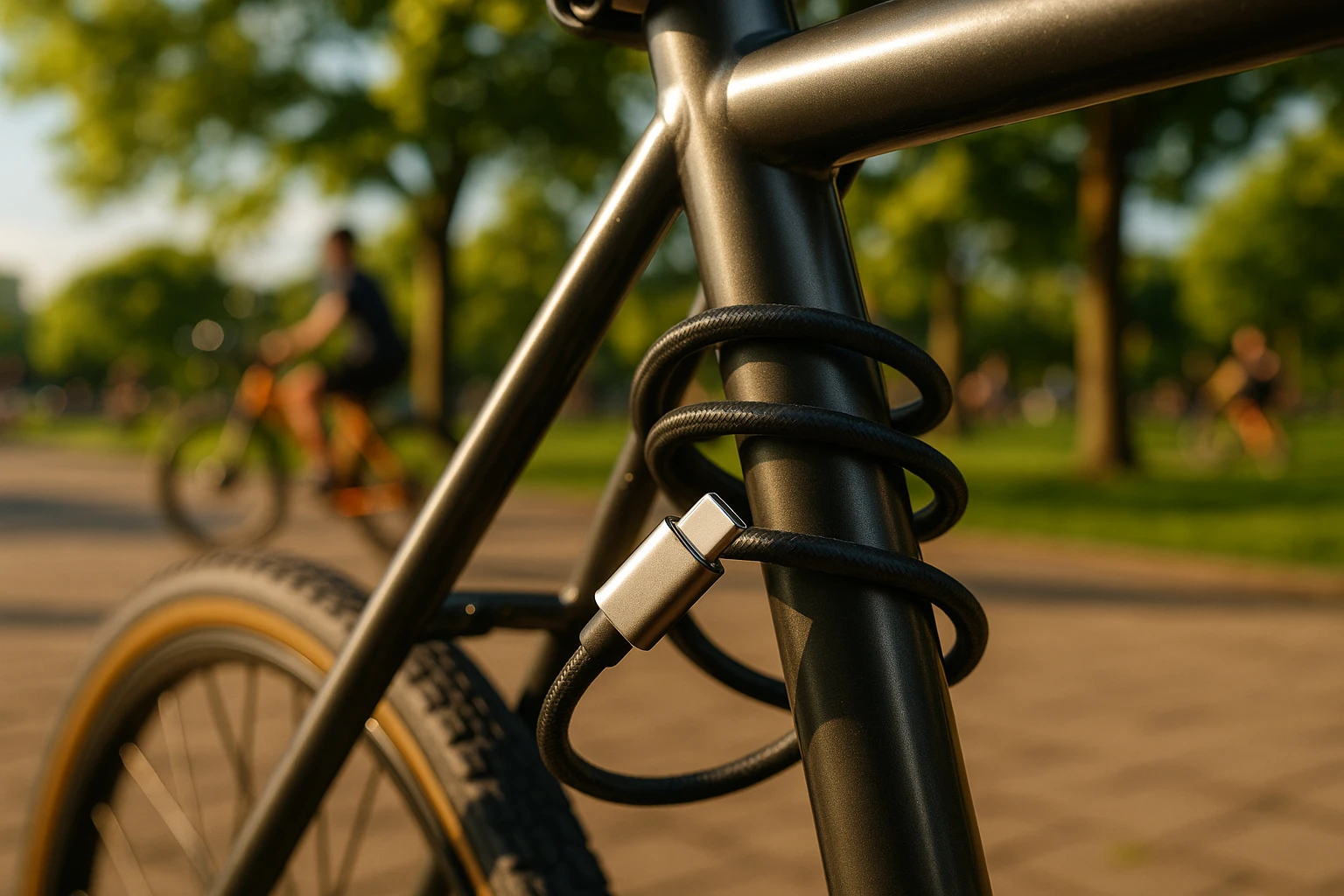 A fast-charging USB-C cable wrapped around a metallic bicycle frame with the cable's plug glinting in the sunlight, set at a vibrant urban park where cyclists frequently stop to recharge their devices.