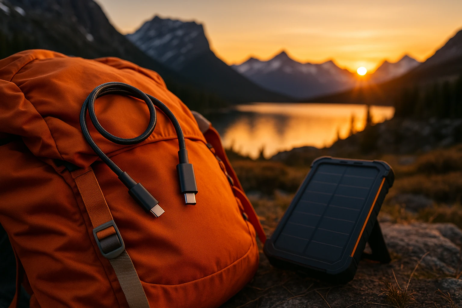 A fast-charging USB-C cable draped over a vibrant orange camping backpack, with a portable solar charger nearby, set against a backdrop of a serene mountain landscape at sunrise, highlighting the fusion of technology with outdoor adventure.