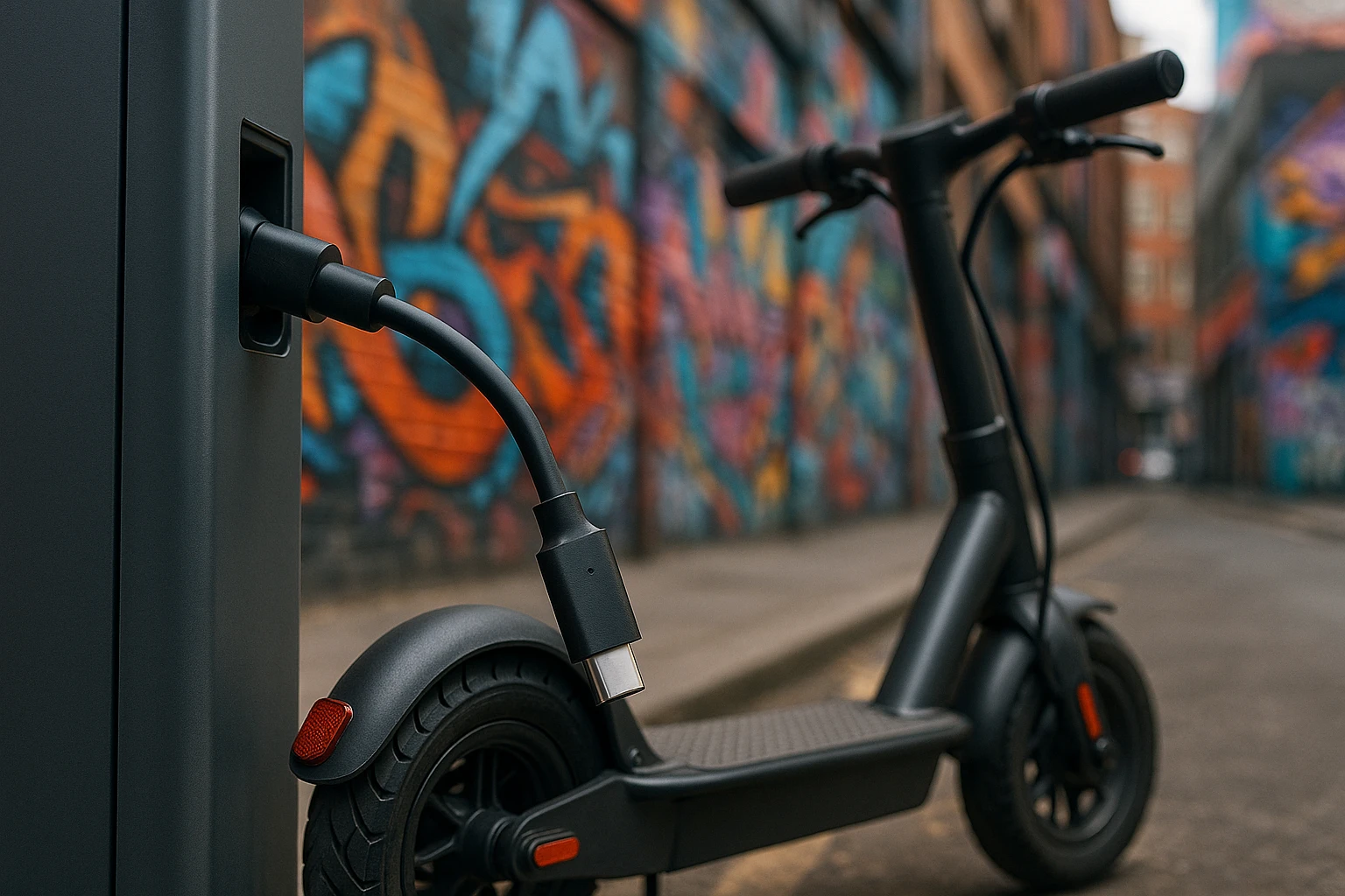 A fast-charging USB-C cable connected to a robust electric scooter, parked beside a charging station on a bustling urban street, with vibrant graffiti art on the surrounding walls highlighting the synergy between modern technology and urban culture.