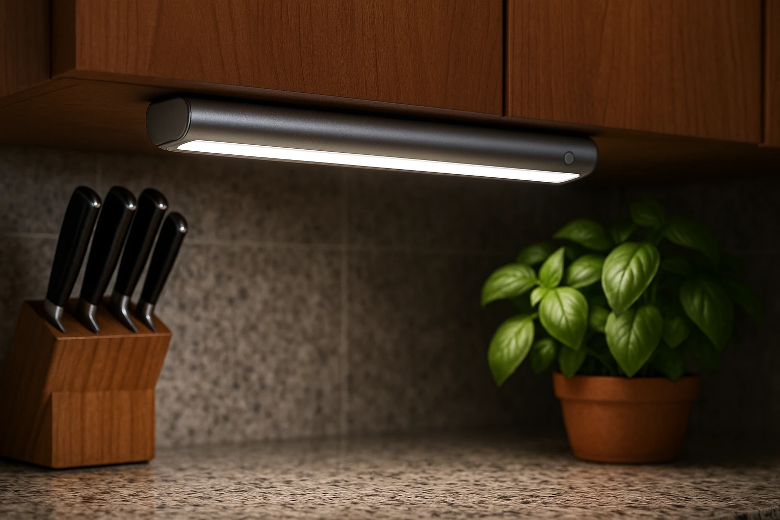 A sleek, rechargeable magnetic under-cabinet light is shown attached underneath a wooden kitchen cabinet, casting a bright, even light on a granite countertop with a set of knives and a potted basil plant nearby.