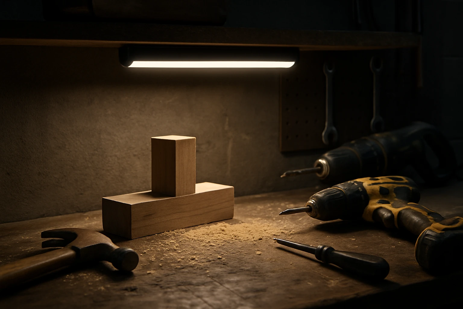A rechargeable magnetic under-cabinet light is mounted beneath a garage workbench, casting a warm glow on tools and a woodworking project, with sawdust scattered across the surface and power tools nearby.