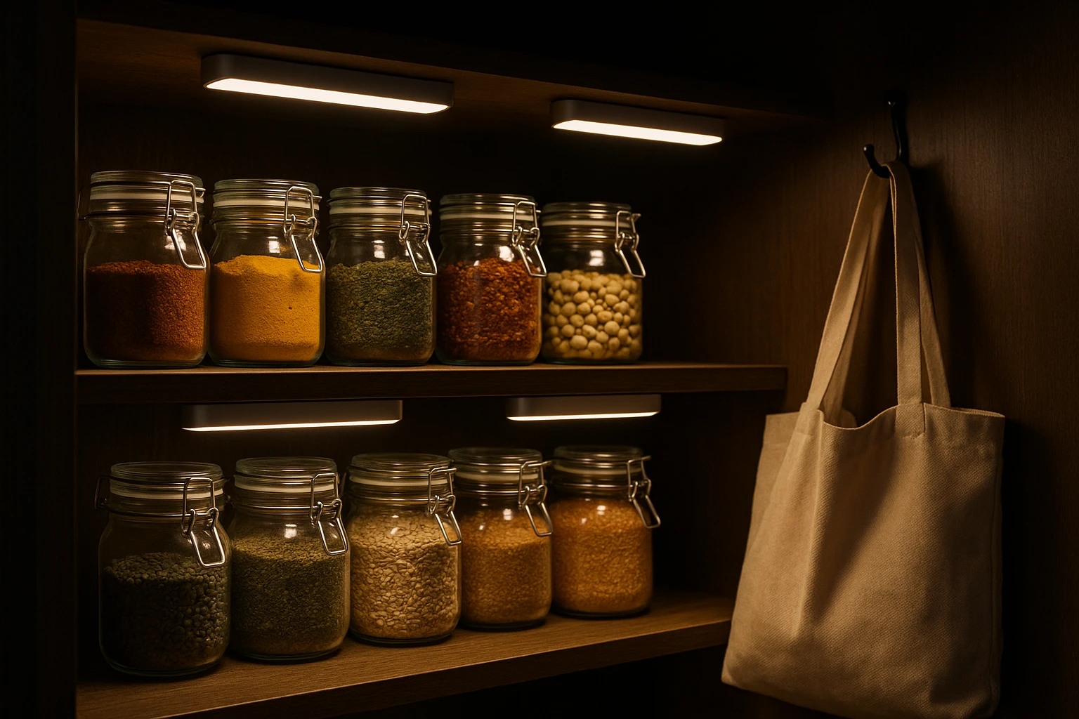 A set of rechargeable magnetic under-cabinet lights is installed inside a dimly lit pantry, illuminating glass jars filled with colorful spices and grains on wooden shelves, with a reusable shopping bag hanging nearby.