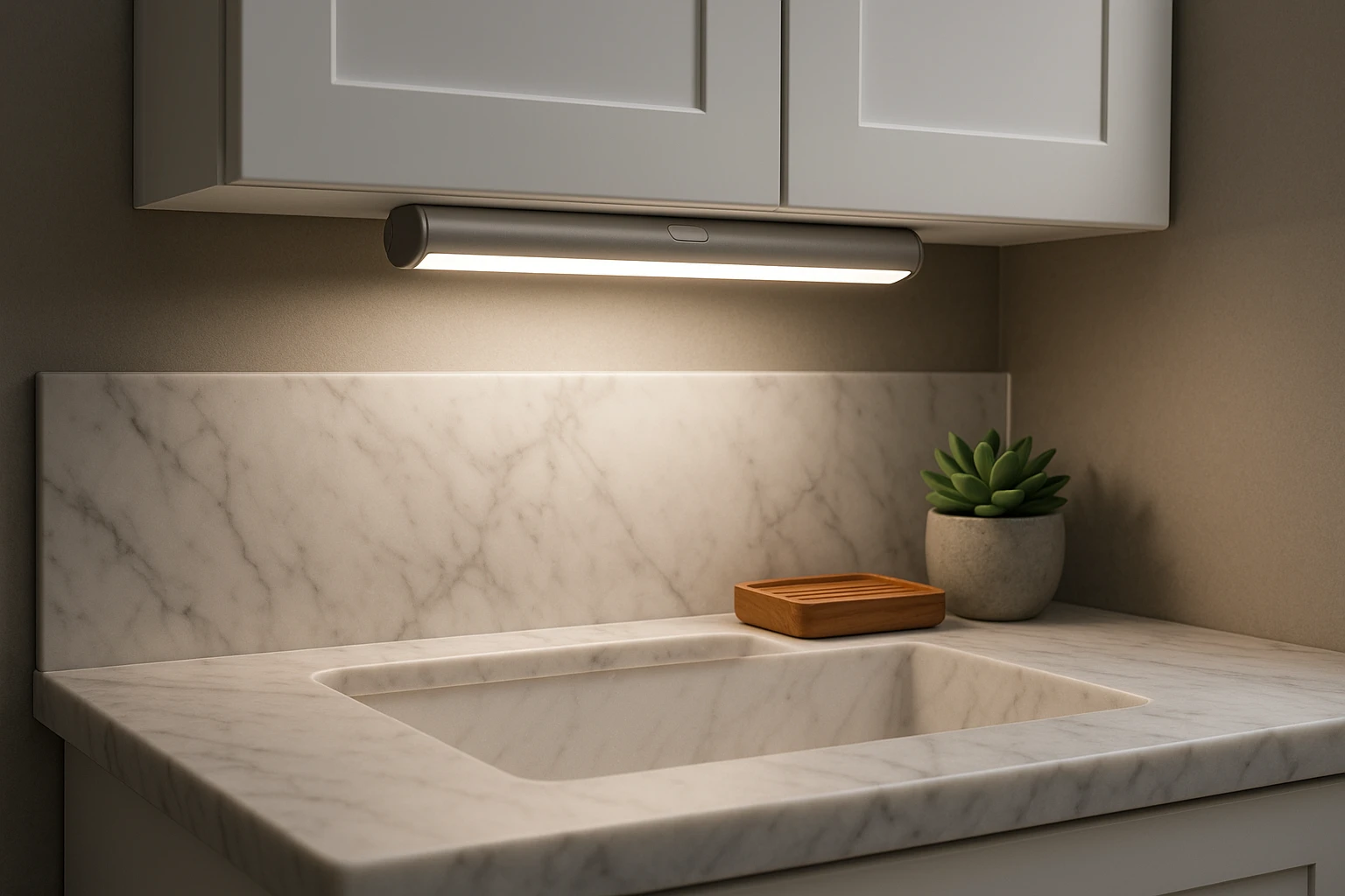 A rechargeable magnetic under-cabinet light is installed beneath a modern white bathroom cabinet, casting soft light on a sleek marble sink, with a wooden soap dish and a small succulent plant adding a touch of nature and elegance to the scene.