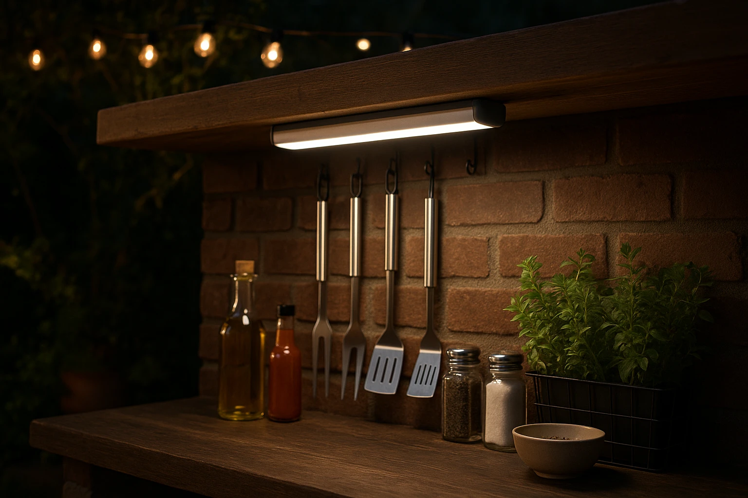 A rechargeable magnetic under-cabinet light illuminates a rustic outdoor barbecue area, mounted underneath a wooden serving shelf, highlighting a collection of grilling tools and condiments, with string lights and a small herb garden in the background.