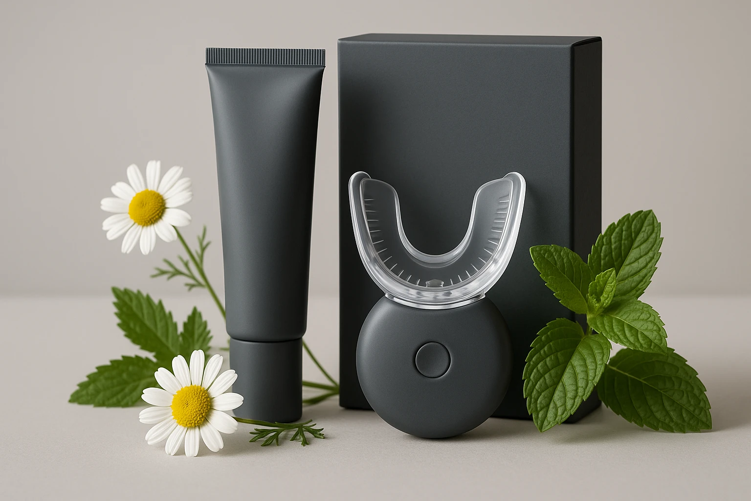 A close-up of a teeth-whitening kit featuring a sleek, stylish packaging with a focus on sensitivity, surrounded by natural elements like chamomile flowers and mint leaves to symbolize soothing care.