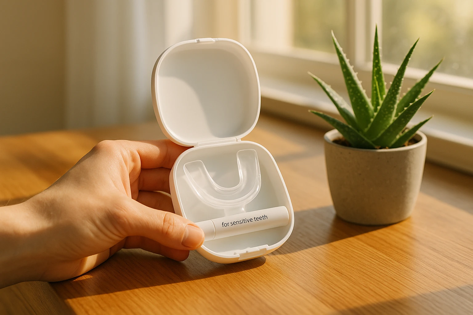 A hand holding a teeth-whitening kit specifically for sensitive teeth, placed on a wooden bathroom counter next to a small, potted aloe vera plant, with sunlight streaming through a window, highlighting the gentle, natural approach to oral care.
