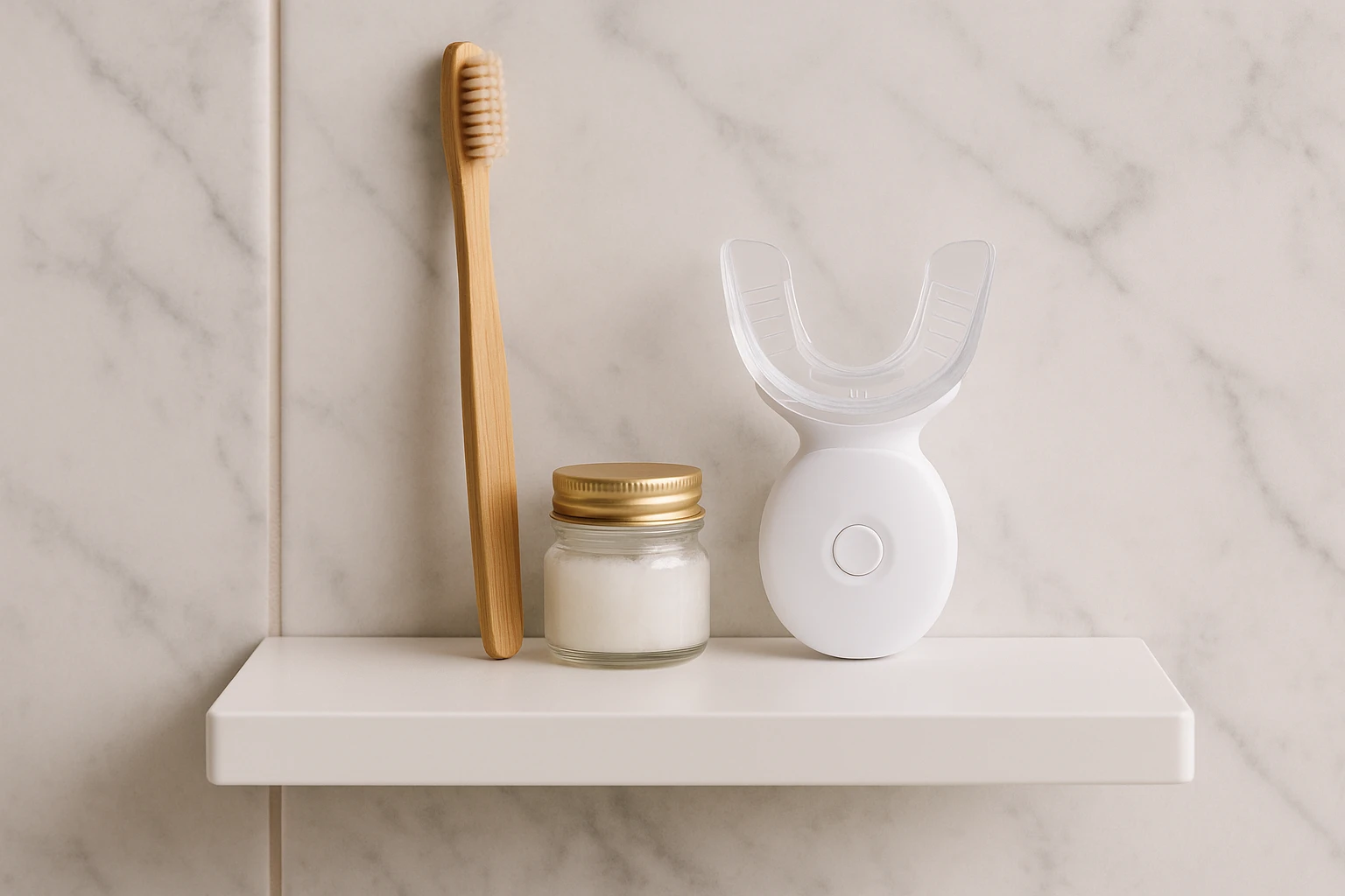 A sleek, minimalist bathroom shelf displaying a teeth-whitening kit for sensitive teeth next to a bamboo toothbrush and a small jar of coconut oil, all set against a serene background of light marble tiles.