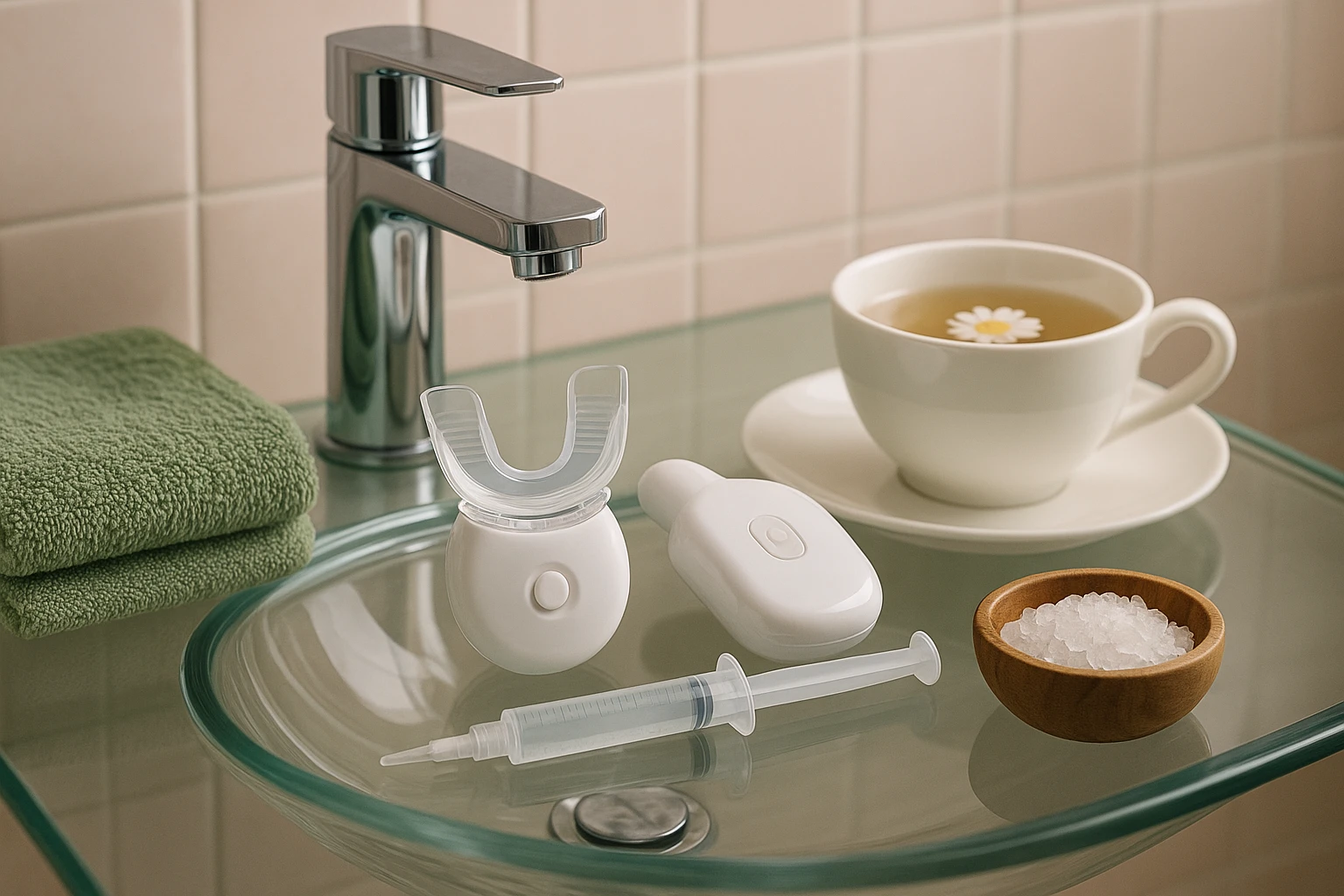 A glass bathroom sink adorned with a modern faucet, where a teeth-whitening kit for sensitive teeth is stylishly arranged alongside a fresh green towel, a delicate porcelain cup with chamomile tea, and a small wooden bowl filled with sea salt crystals, all set against a soft, pastel-colored tiled backdrop.
