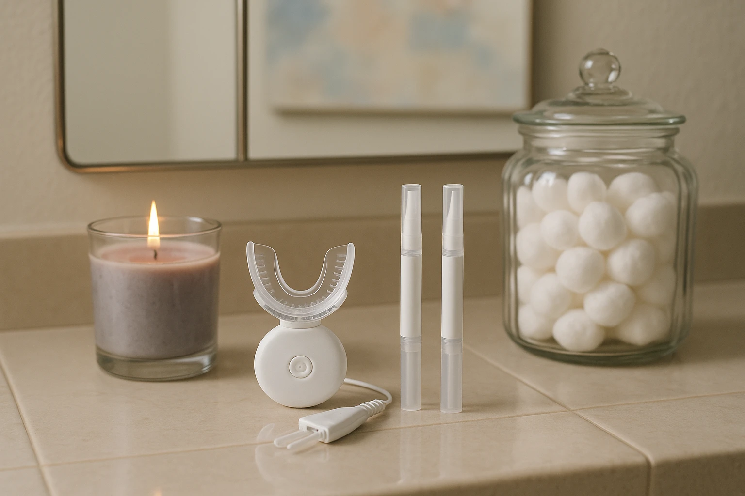A ceramic bathroom countertop featuring a teeth-whitening kit for sensitive teeth, flanked by a lavender-scented candle and a vintage glass jar filled with cotton balls, with a mirror reflecting a calming abstract painting in soft hues.