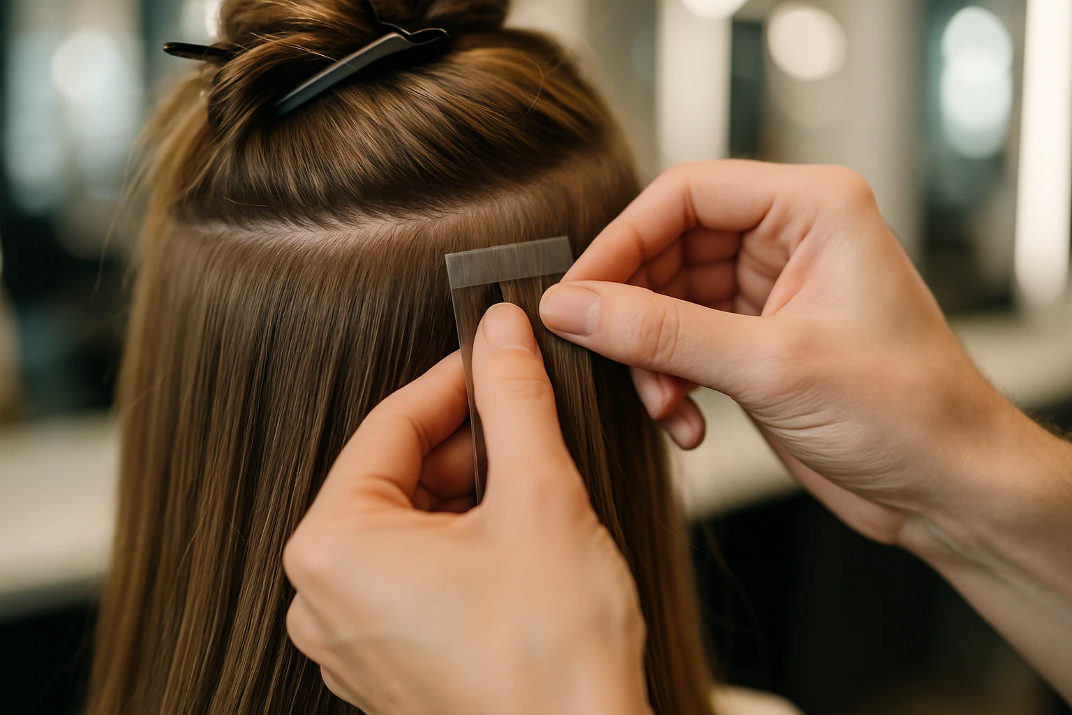 Close-up of a stylist's hands meticulously applying tape-in hair extensions to a client's hair in a well-lit salon, showcasing the precision and delicate texture of the real human hair strands.