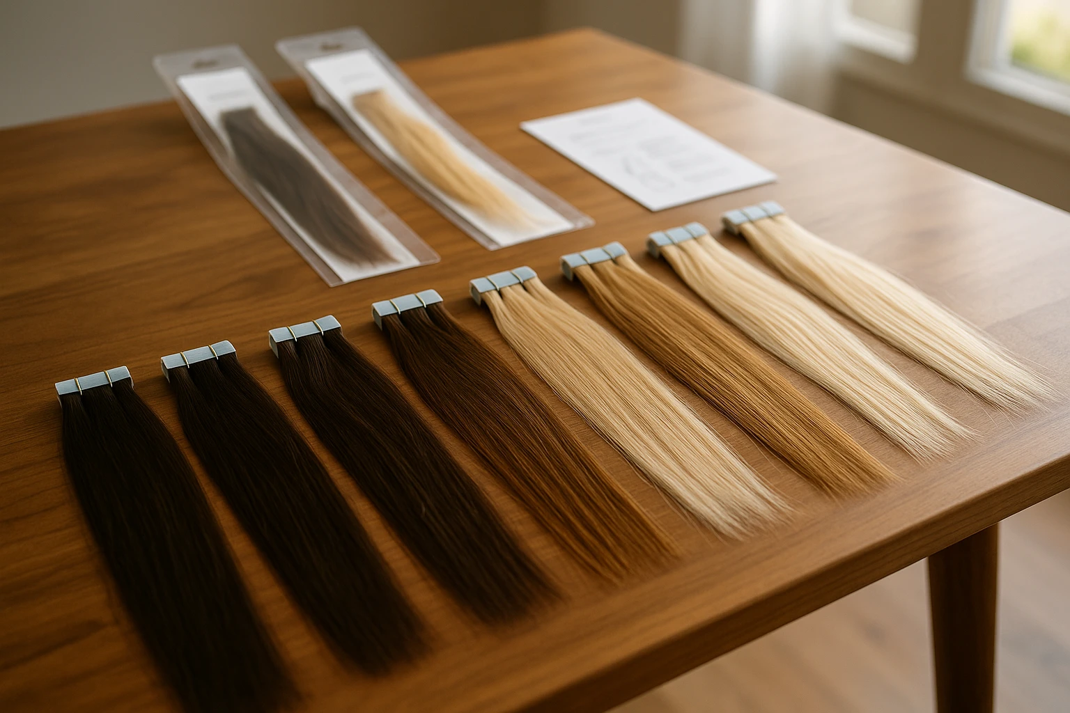 A variety of real human tape-in hair extensions displayed on a wooden table, showcasing different shades and lengths, with packaging and care instructions visible in a brightly lit room.