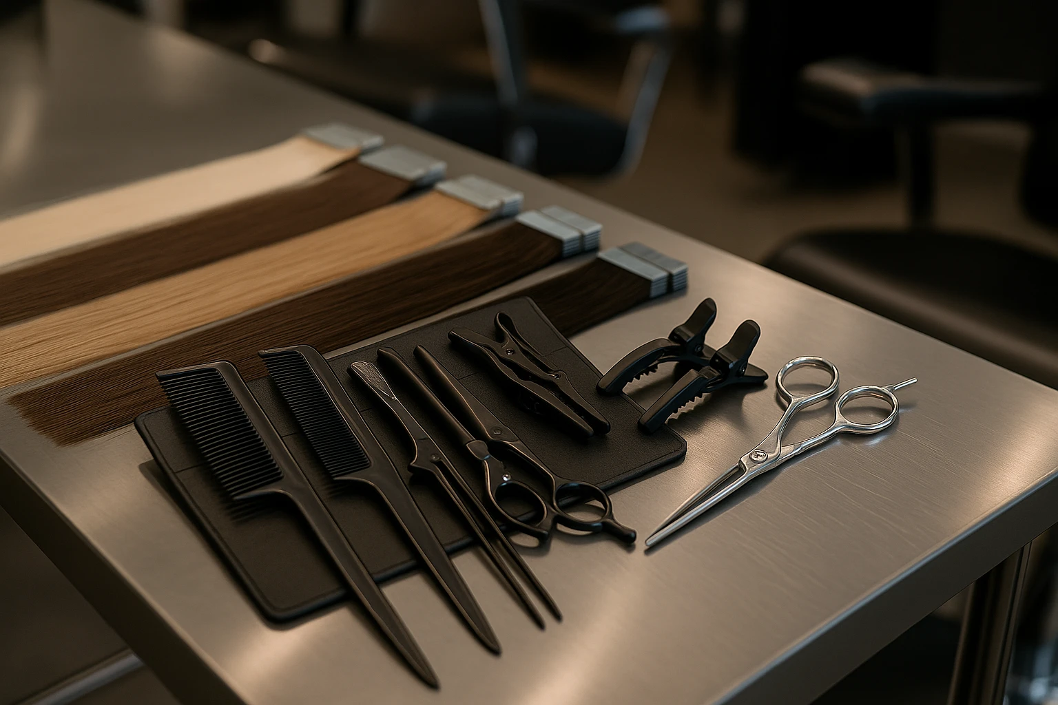 A close-up of a stylist's toolkit in a modern salon, featuring an array of combs, clips, scissors, and several packs of tape-in hair extensions in varying shades, all neatly arranged on a sleek metal countertop.
