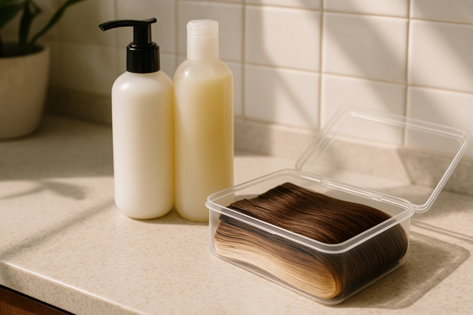 A sunlit bathroom counter adorned with bottles of hair care products, including sulfate-free shampoo and moisturizing conditioner, next to a transparent plastic container holding neatly stacked strips of real human tape-in hair extensions in a variety of natural shades.