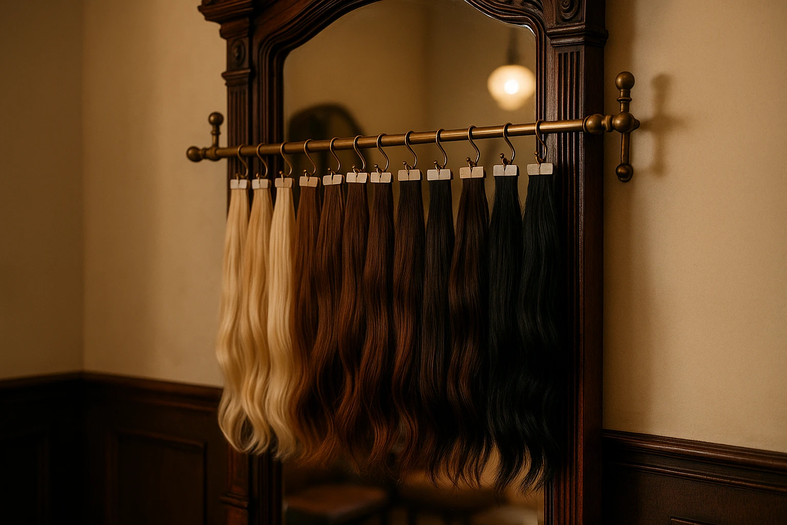 A cozy boutique salon displays an elegant, antique wooden mirror reflecting an array of luxurious real human tape-in hair extensions hanging from a vintage brass rack, with soft, ambient lighting highlighting their rich textures and natural hues.