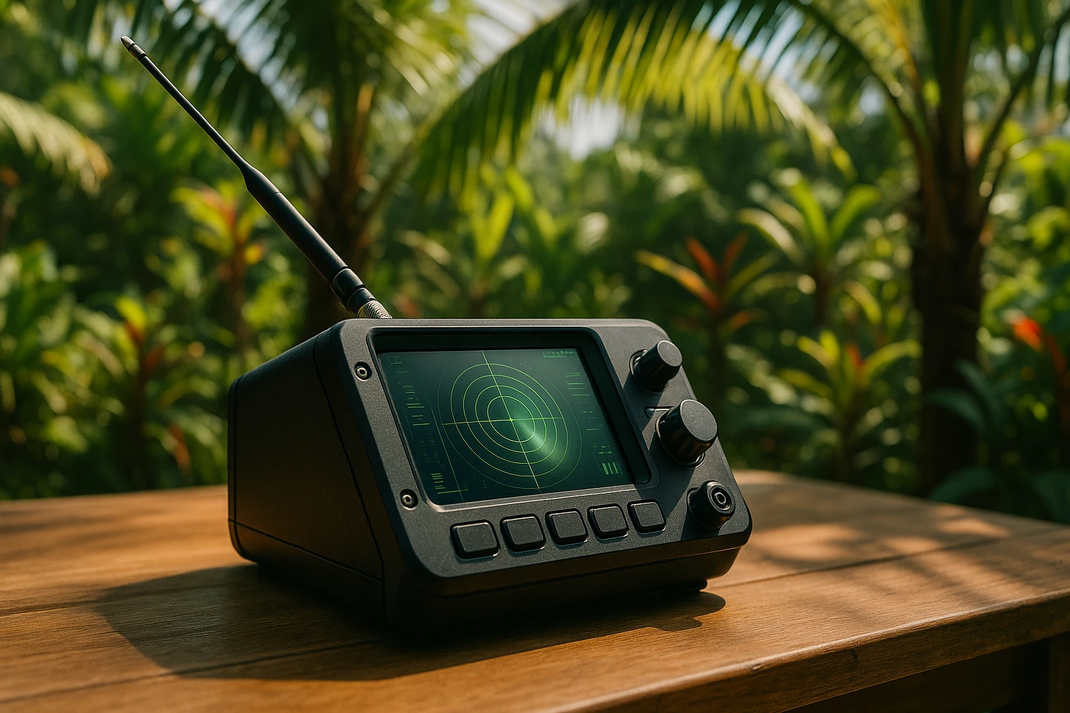 A sleek bug detection device placed on a wooden table amidst lush Caribbean flora, with sunlight filtering through palm leaves, highlighting the advanced scanning technology of the equipment.