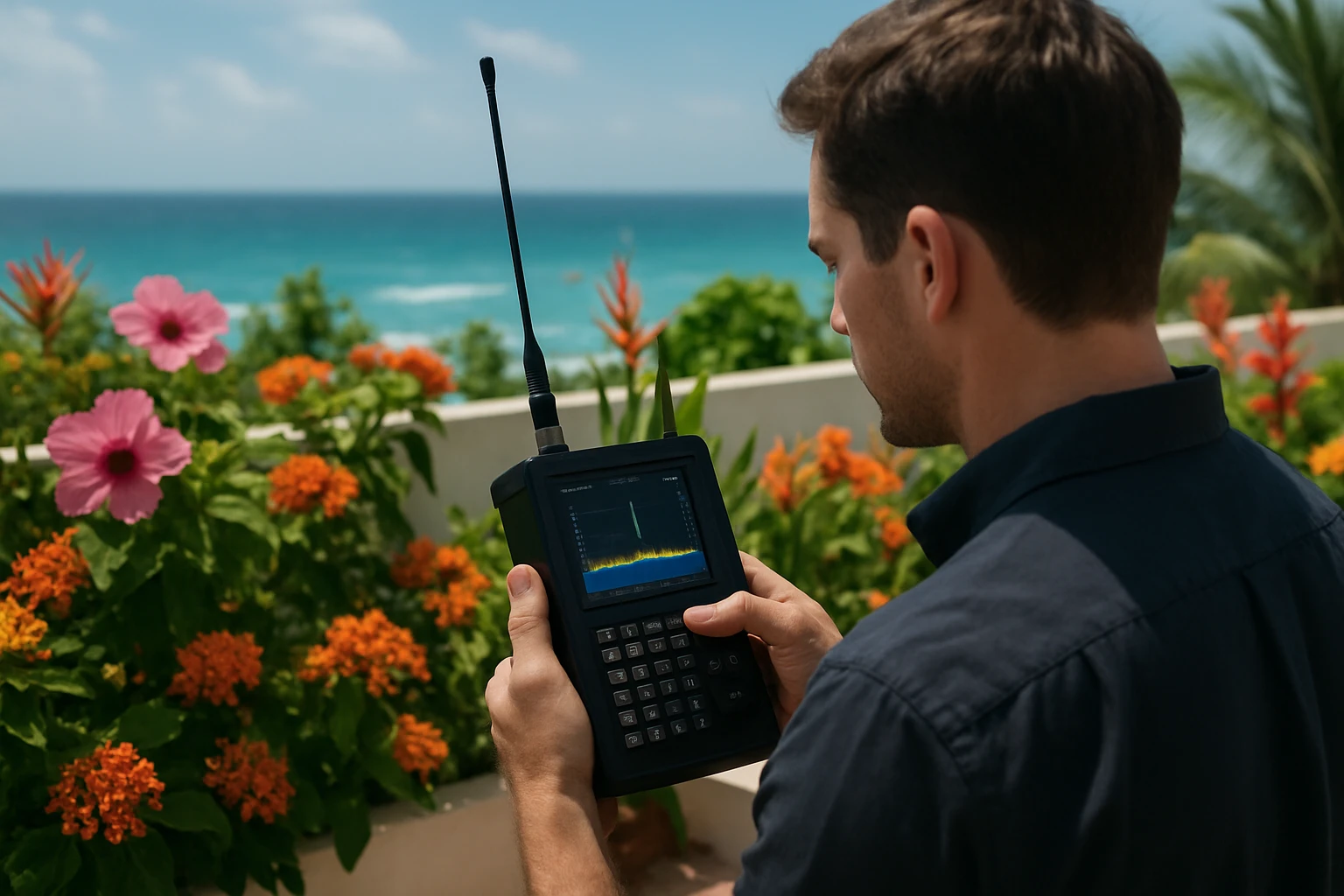 A person carefully using a frequency scanner in a breezy Caribbean rooftop garden, surrounded by blooming tropical flowers, with the ocean in the background, illustrating the application of TSCM technology in a serene outdoor setting.