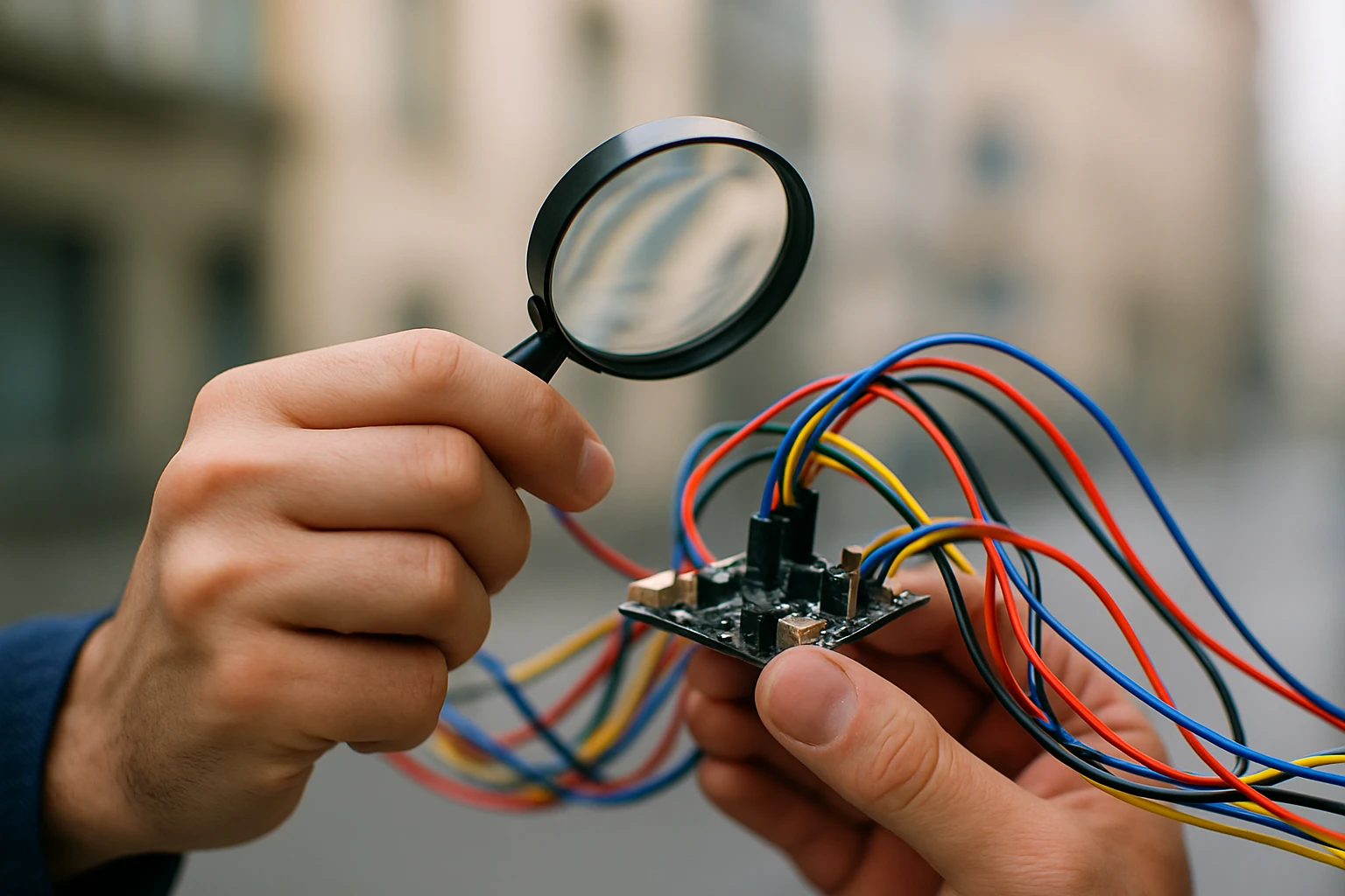 A close-up of a technician's hands carefully examining a network of colorful cables and small electronic components with a magnifying glass, against the backdrop of a neutral, softly blurred urban environment.