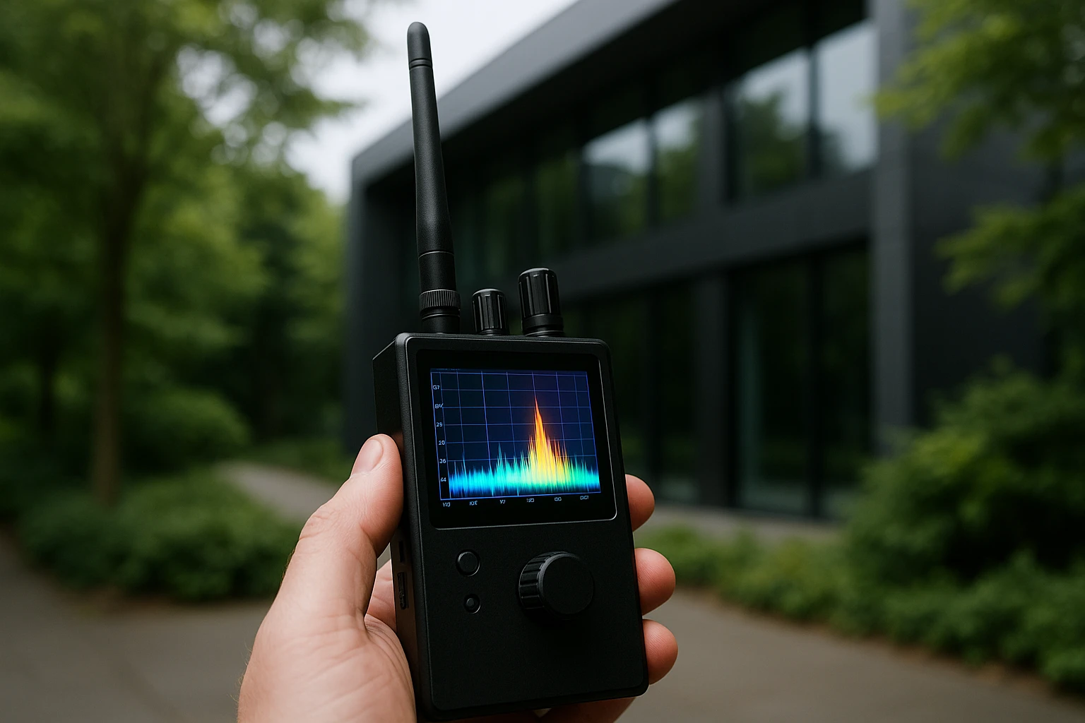 A high-tech gadget featuring a handheld radio frequency scanner, with its display glowing brightly, is being used near a sleek, modern building surrounded by lush greenery, illustrating an advanced bug detection sweep in an outdoor environment.