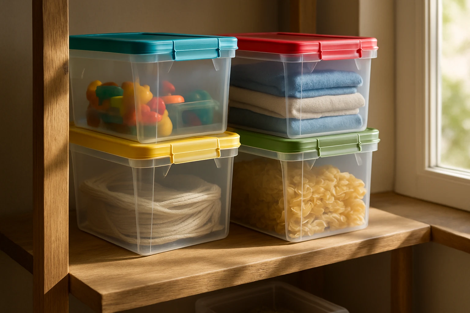 A stack of clear storage boxes with colorful lids neatly arranged on a wooden shelf, sunlight filtering through a nearby window highlighting the transparency and contents within each box.