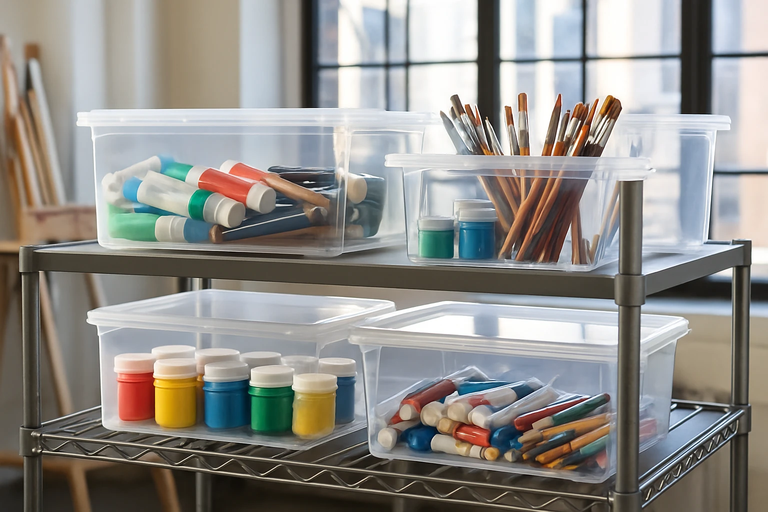 Clear storage boxes with lids, filled with art supplies like paints and brushes, are neatly organized on metal shelves in a brightly lit art studio, with large windows casting natural light over the colorful materials inside.