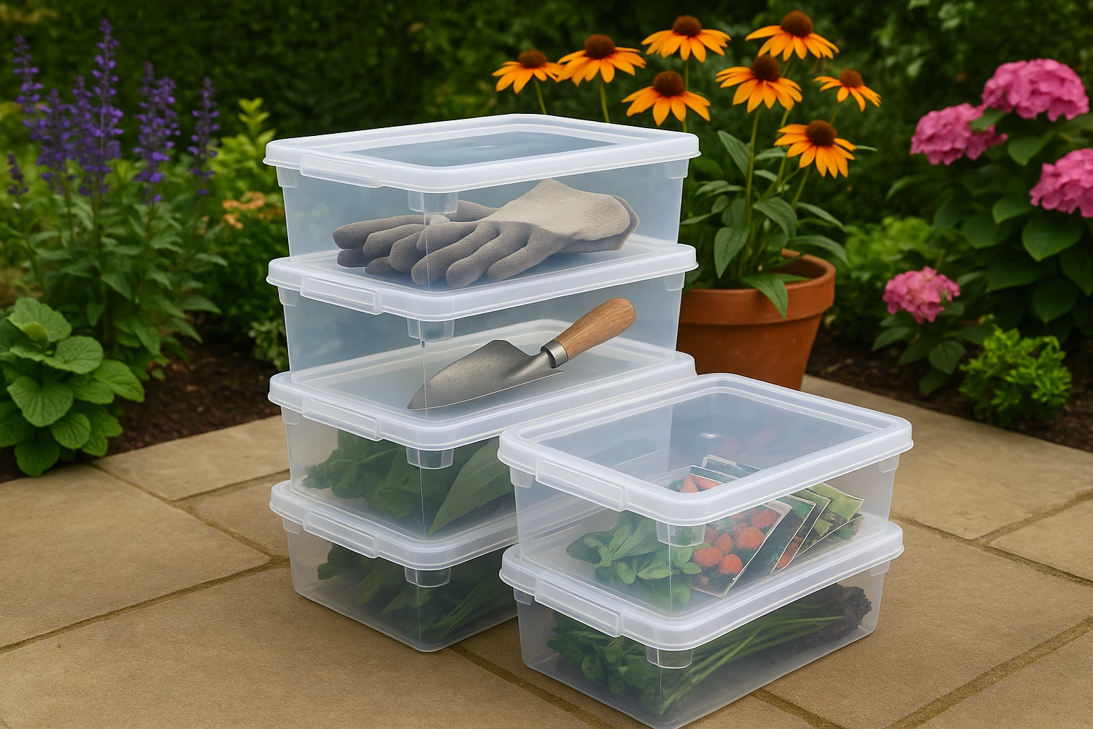 A collection of clear storage boxes with lids stacked on a garden patio, each containing different gardening tools like trowels, gloves, and seed packets, with vibrant plants and flowers around, showcasing the boxes' utility in an outdoor setting.