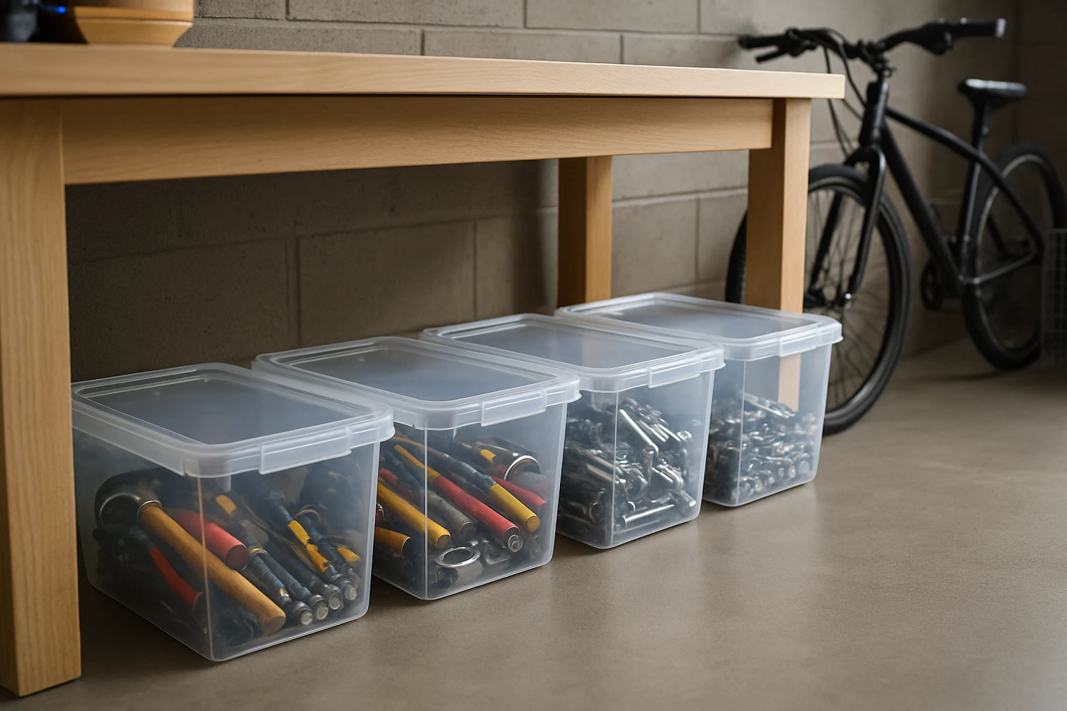 A row of clear storage boxes with lids, arranged under a workbench in a garage, each box filled with various tools like hammers, screwdrivers, and wrenches, with a bicycle leaning against the wall in the background, showcasing an organized DIY workspace.