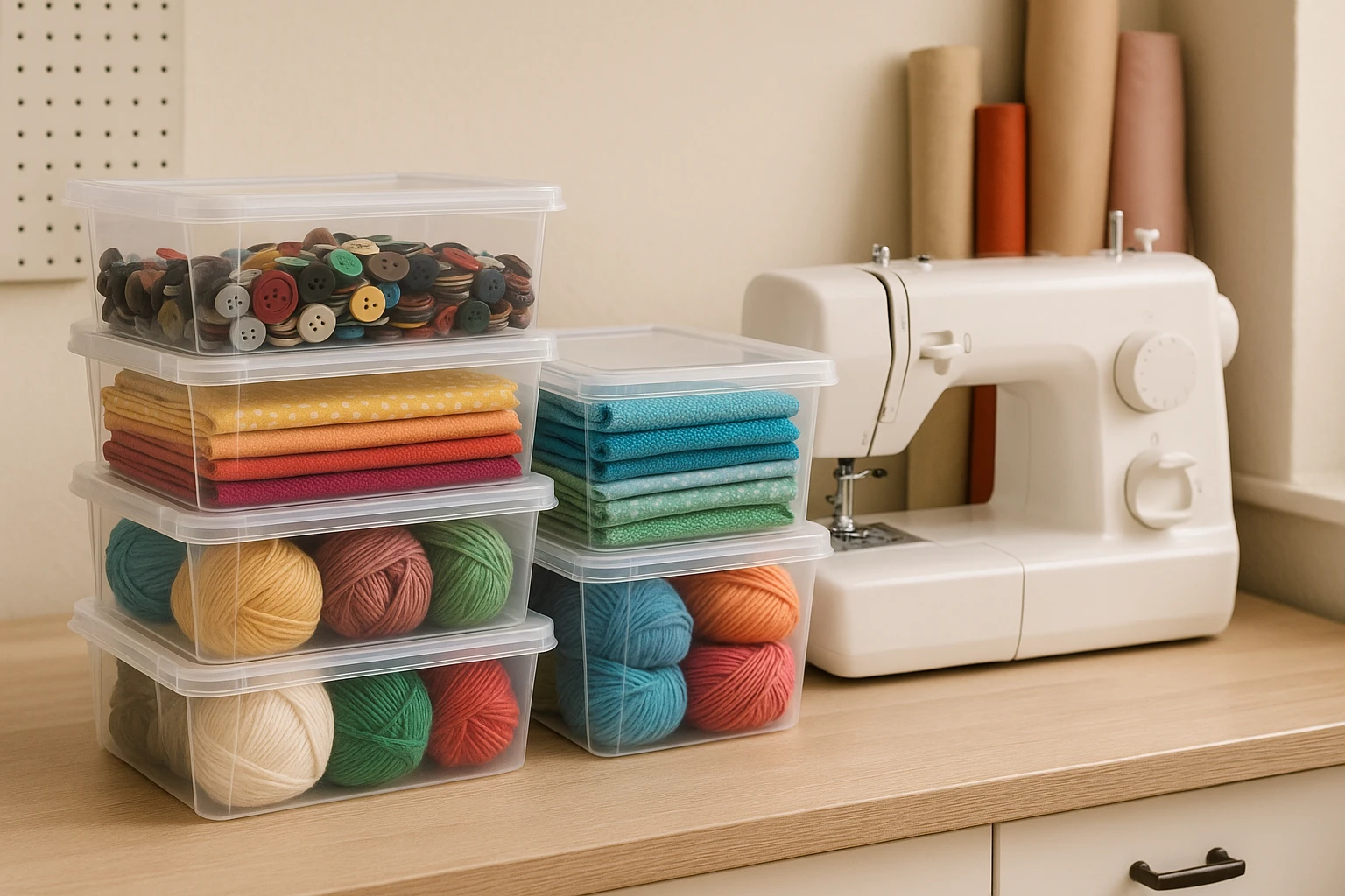 A cluttered craft room countertop with clear storage boxes with lids stacked neatly; some boxes contain assorted buttons, others hold colorful fabrics, while yarns of various hues peek out from another, with a sewing machine and rolls of fabric next to the setup, showcasing efficient organization.