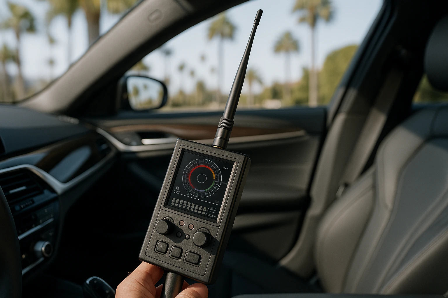 A close-up of a professional-grade electronic bug detection device, with its antenna extended, scanning the sleek interior of a high-end luxury car, reflecting Southern California's emphasis on privacy and security.