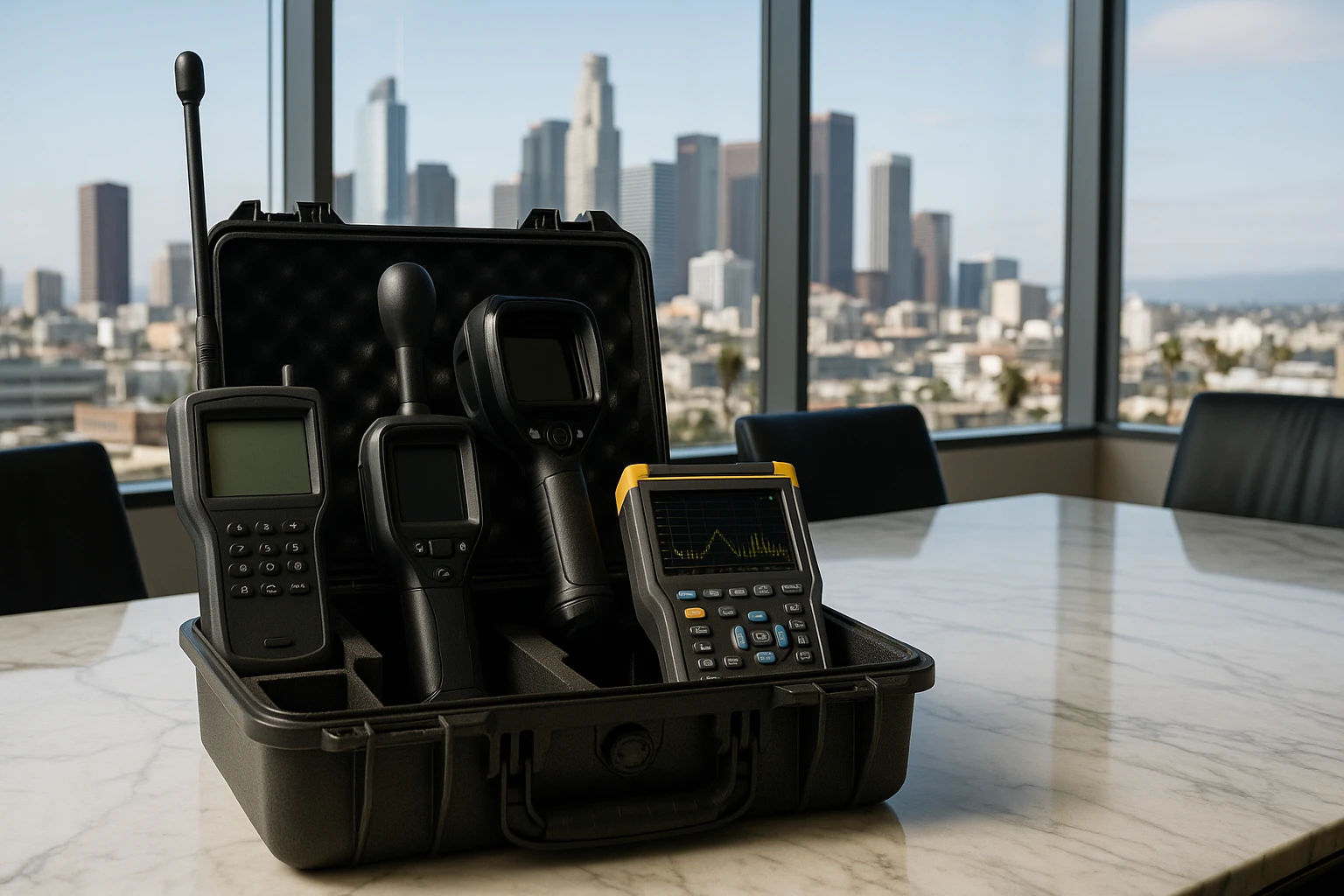 A specialized technician's toolkit open on a marble conference table, featuring high-frequency detectors, thermal imagers, and spectrum analyzers, with a panoramic view of the Los Angeles skyline visible through a large glass window, emphasizing the blend of technology and urban sophistication.