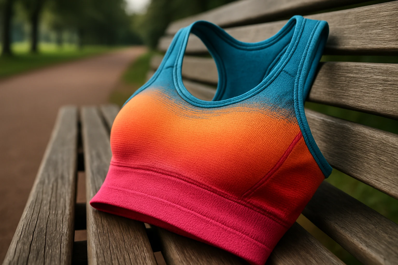 A close-up shot of a vibrant, high-impact running sports bra laid out on a park bench, with a running trail and trees visible in the background, showcasing the product’s detailed fabric texture and design.