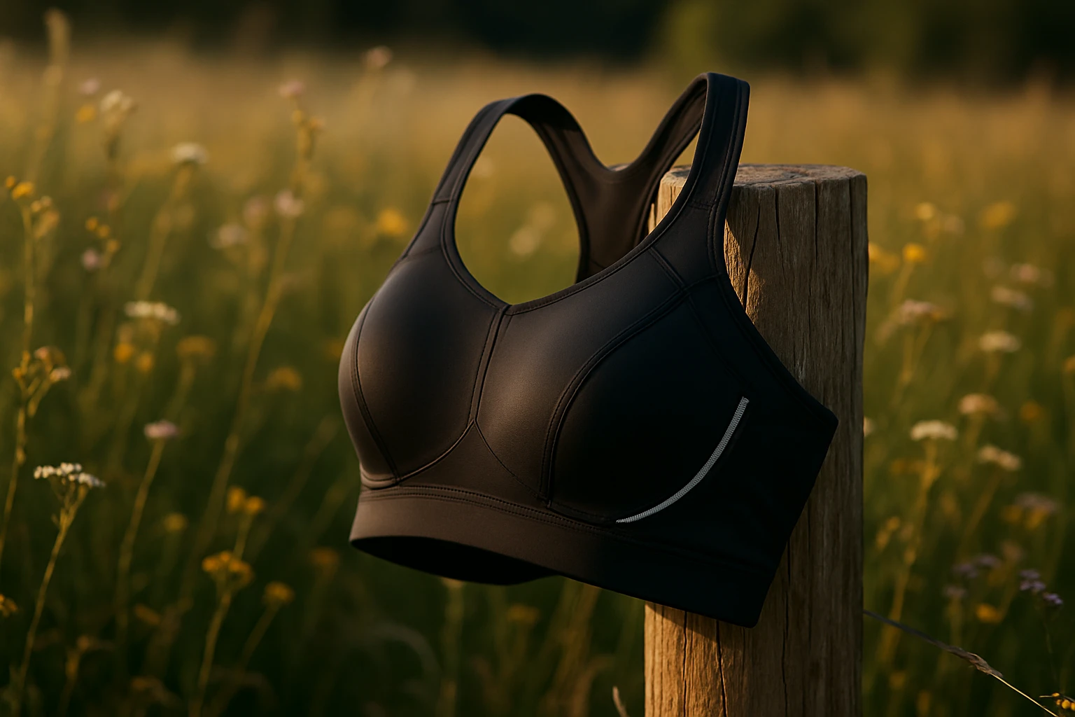 A high-impact running sports bra draped over a wooden fence post in a sunlit field, highlighting its streamlined design and reflective accents with a backdrop of wildflowers swaying in the breeze.