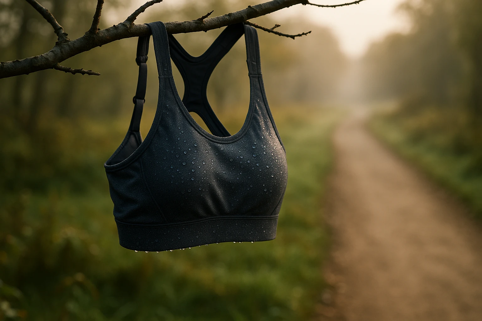 A high-impact running sports bra hanging from a branch of a tree by a serene running trail, with dew droplets glistening on its moisture-wicking polyester fabric in the morning light.