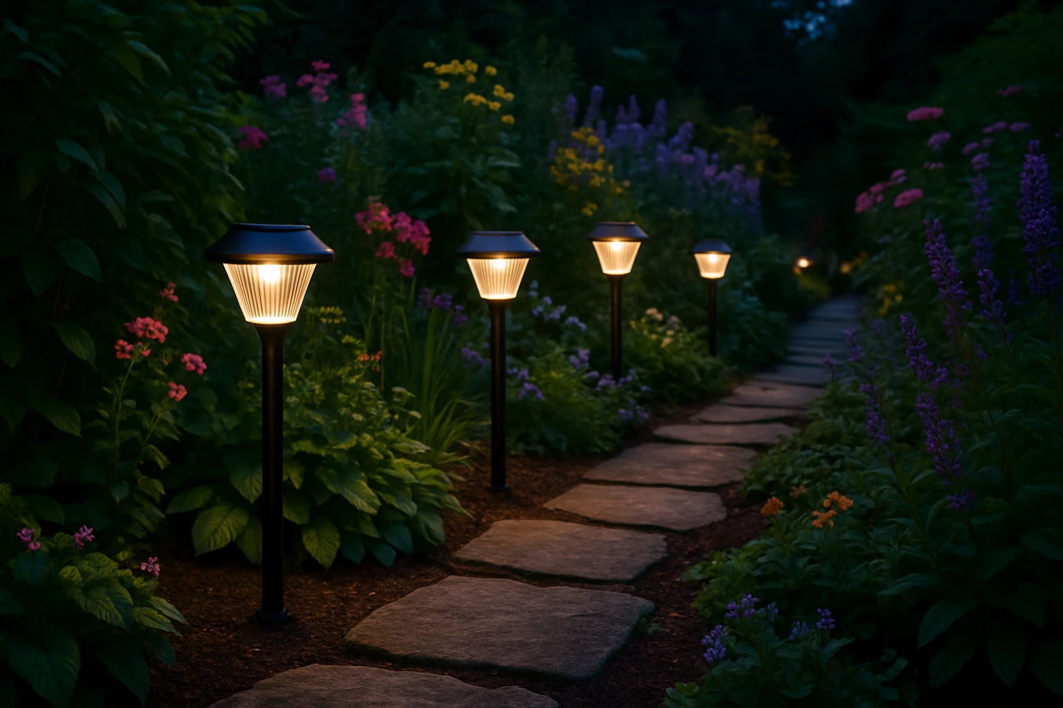 In a lush garden at twilight, elegant solar garden lights with a warm-white glow stand evenly spaced along a stone pathway, their sleek design complementing the vibrant greenery and colorful blooms, creating a serene and eco-friendly ambiance.