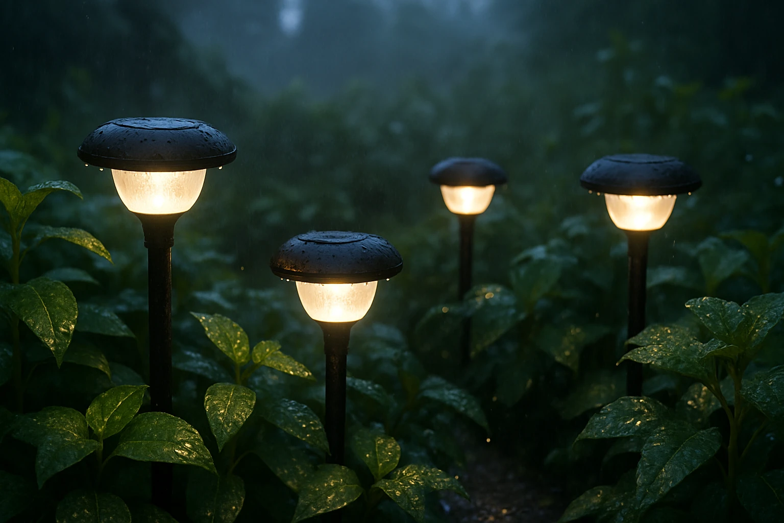 In a rain-soaked garden at dawn, sleek waterproof warm-white solar lights are nestled among wet foliage, their dim glow reflecting off dewdrops on the leaves, showcasing their resilience and elegance amidst a lush, verdant backdrop.