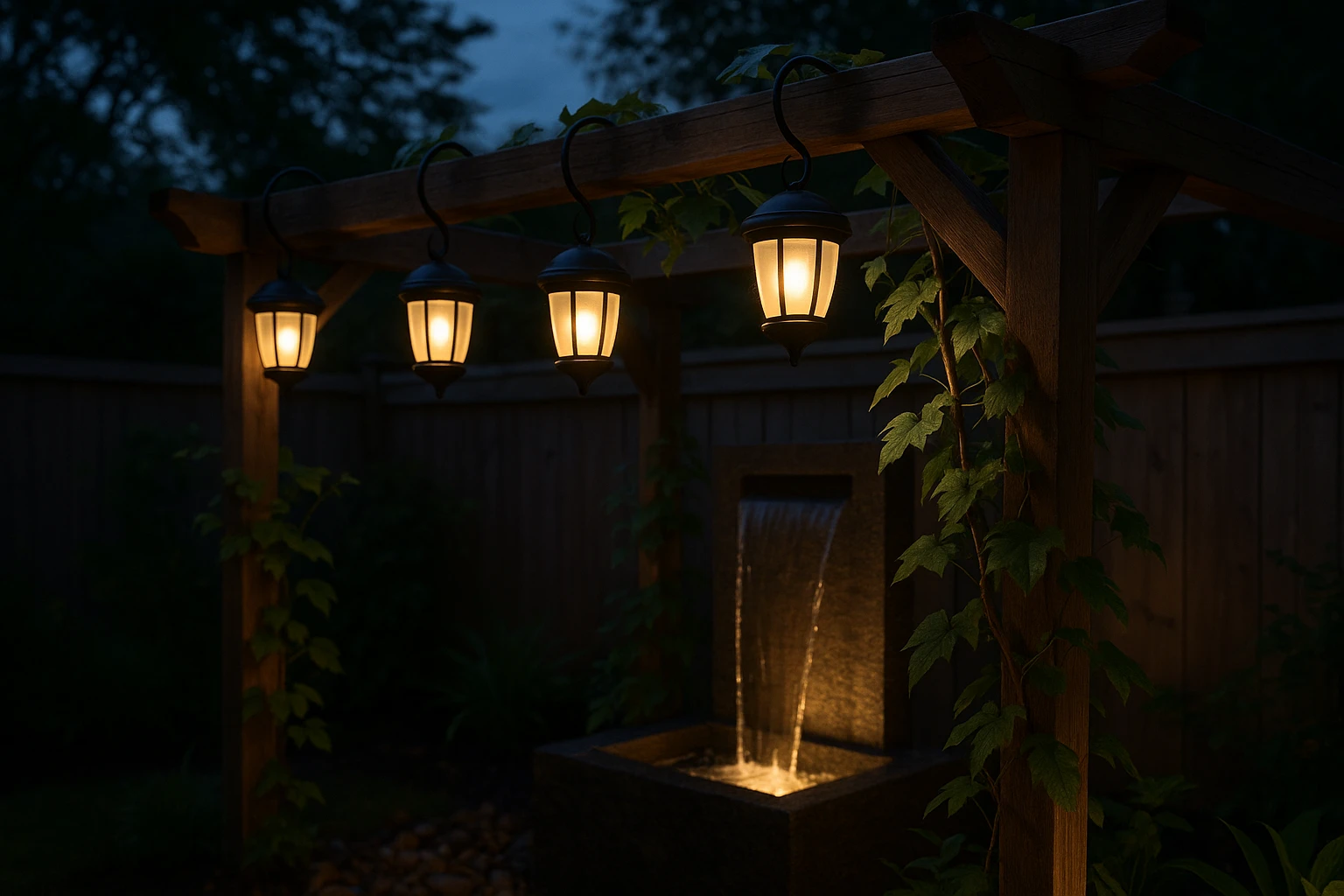 In a backyard setting at dusk, a series of waterproof warm-white solar garden lights are artfully integrated into a rustic wooden pergola, casting a soft glow onto climbing vines and a trickling water feature, creating a tranquil, eco-friendly oasis.