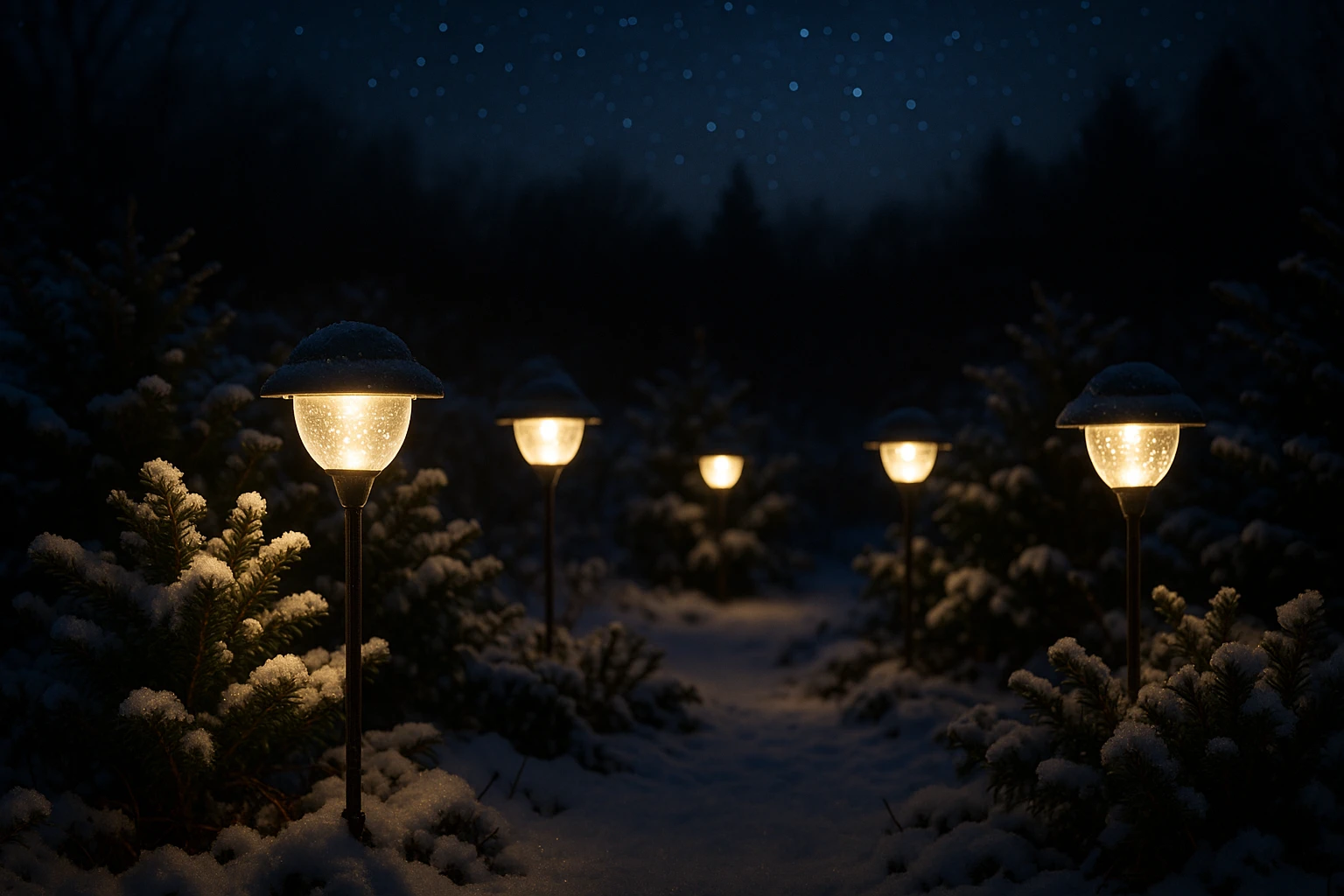 In a winter garden under a starry sky, waterproof warm-white solar lights are mounted on elegant iron stakes, casting a delicate glow over snow-dusted evergreen shrubs, their gentle illumination creating a serene, enchanting path amid the frosty landscape.