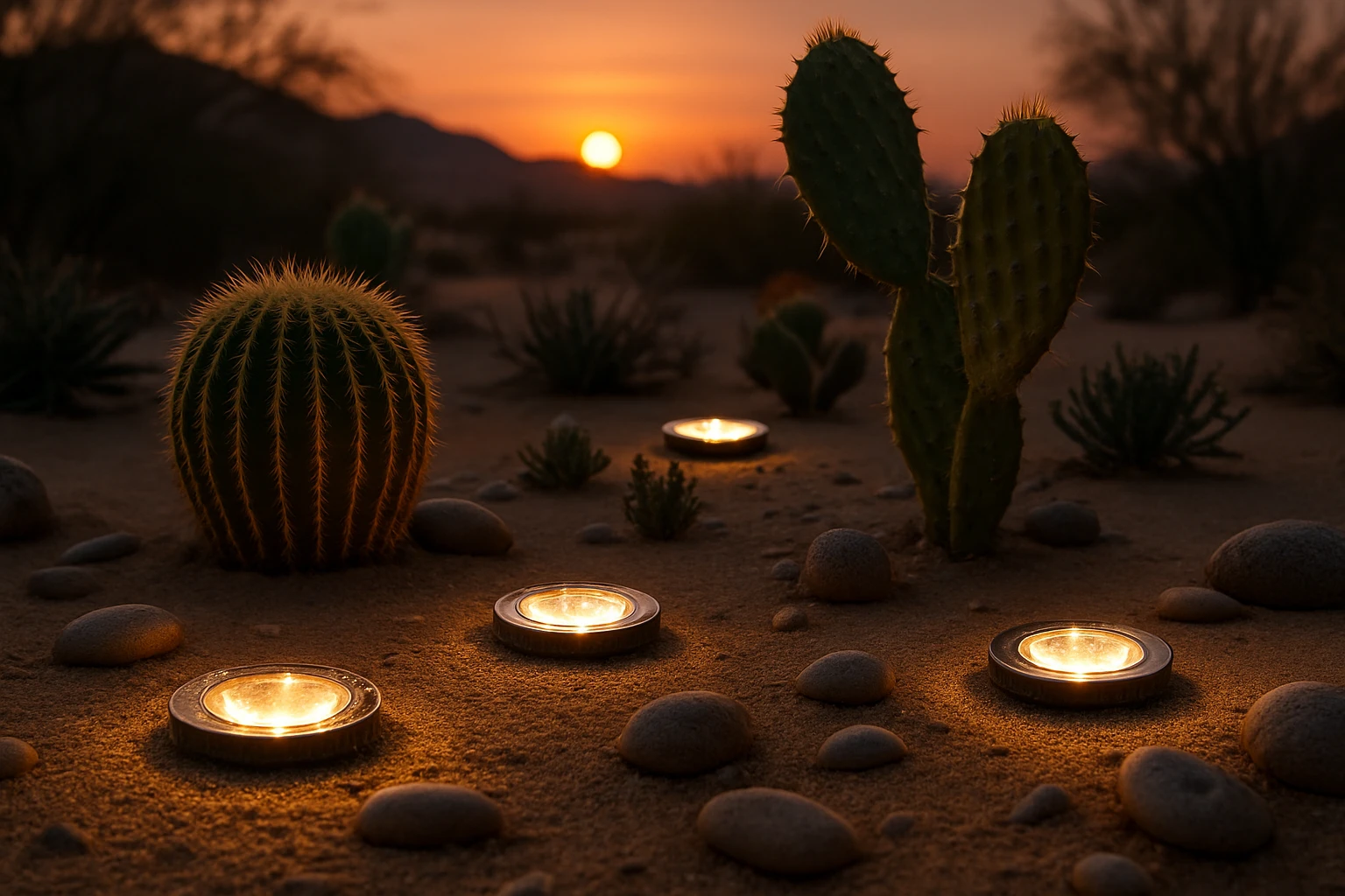 In a serene desert garden at sunset, waterproof warm-white solar lights are elegantly embedded in sandy terrain, casting a cozy glow over native cactus plants and smooth pebbles, highlighting their sustainable design amidst the arid landscape.
