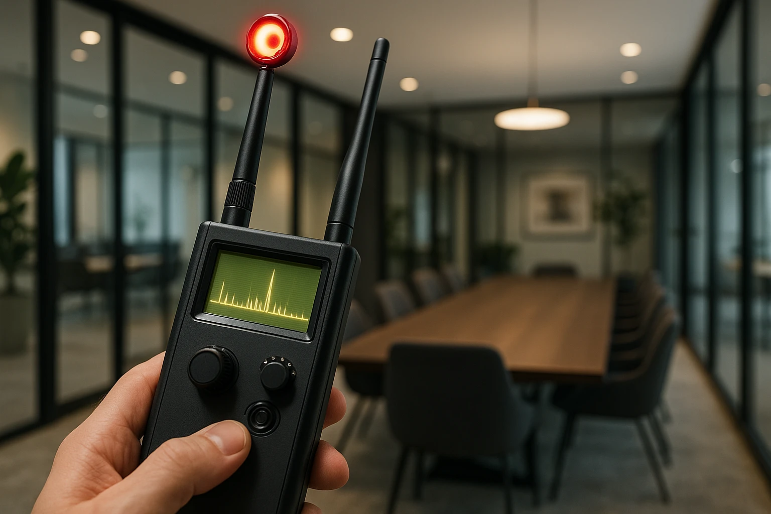 A close-up image of a sleek, handheld bug detection device scanning a modern conference room with stylish décor and glass walls, emphasizing advanced surveillance countermeasure technology.