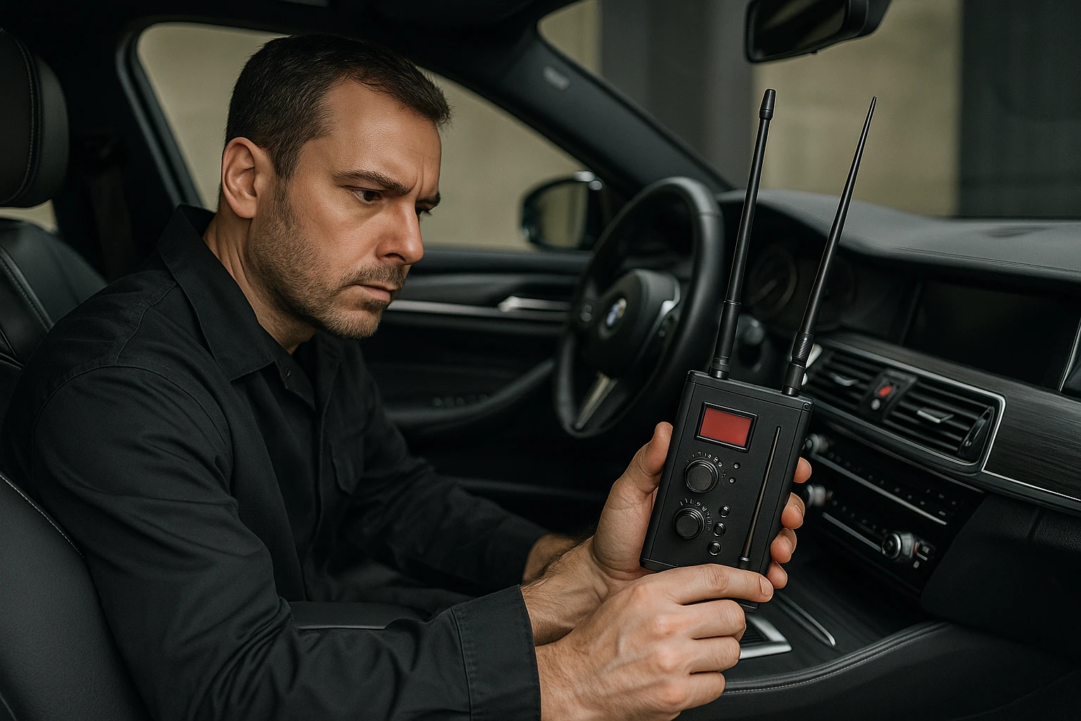 A technician holding a compact, high-tech bug sweep detector, examining a luxury car's interior meticulously, highlighting the precision tools involved in ensuring privacy on the go.